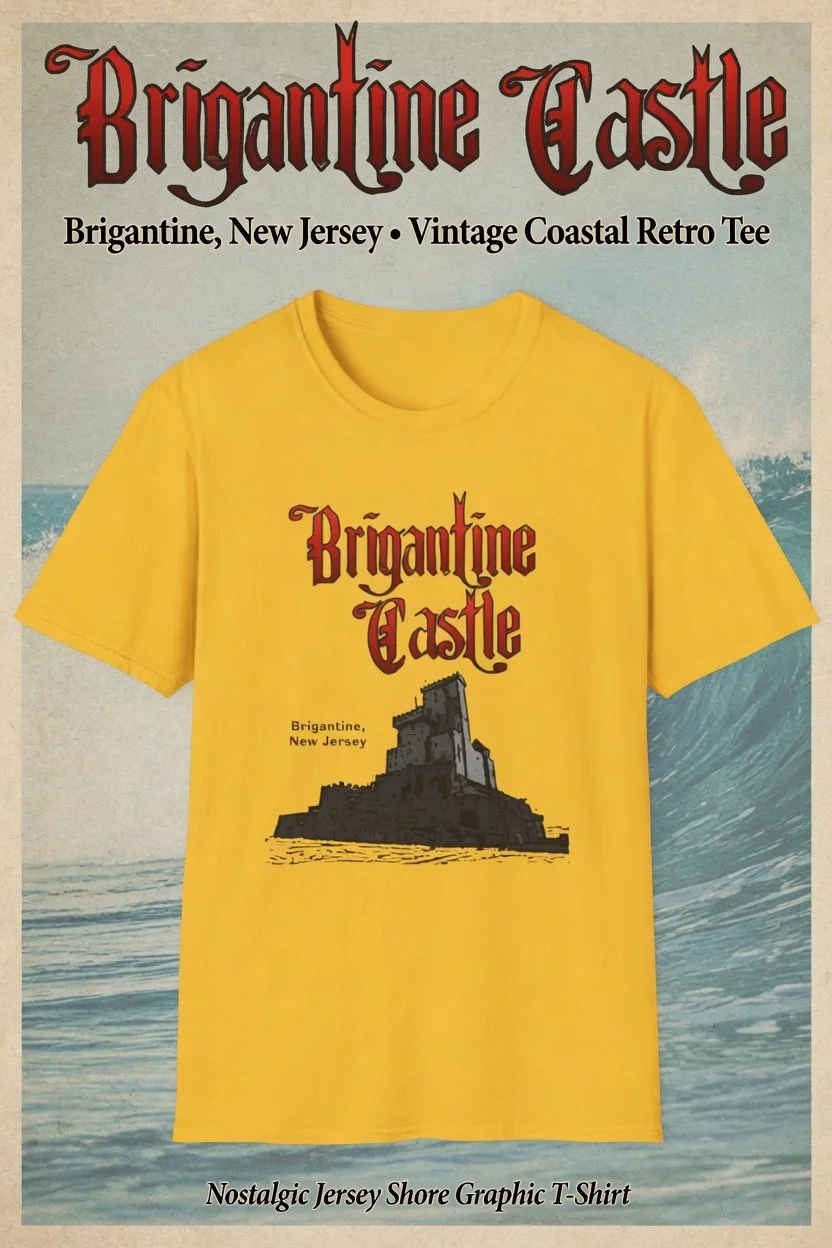 Brigantine Castle, New Jersey Vintage-style retro graphic tee featuring the iconic Brigantine Castle in that classic gothic lettering. Perfect for Jersey Shore locals, beach lovers, and anyone who remembers this legendary coastal landmark. Soft, comf