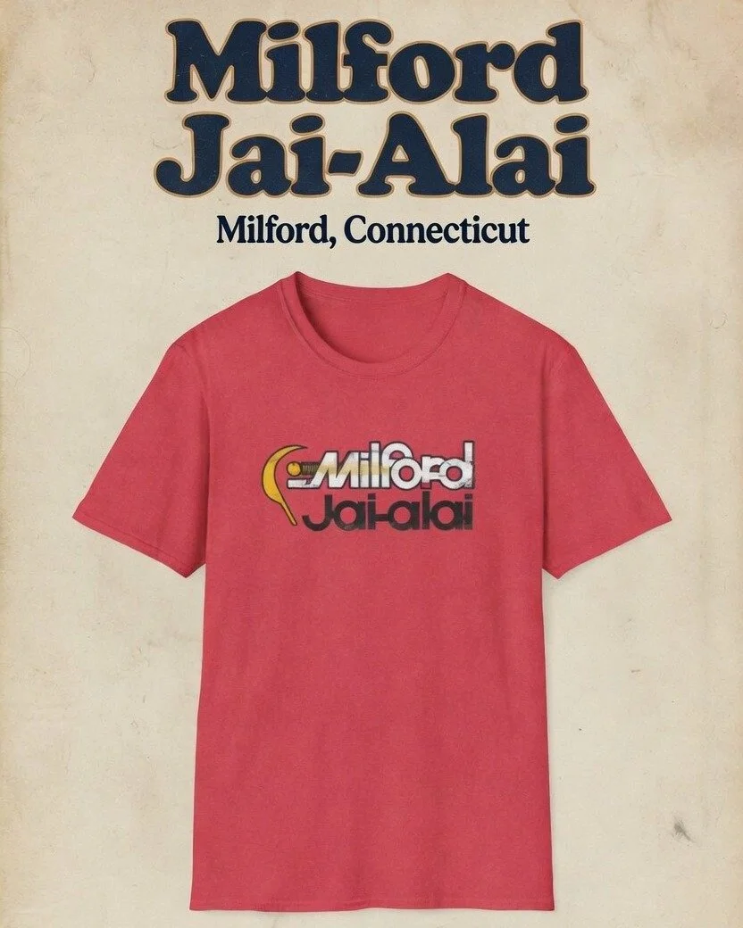 "Milford Jai-Alai &ndash; Connecticut! Classic retro sports-style t-shirt featuring the iconic Milford Jai-Alai logo from the legendary fronton that operated from 1977 to 2001. A true piece of Connecticut sports history and nostalgia for anyone 