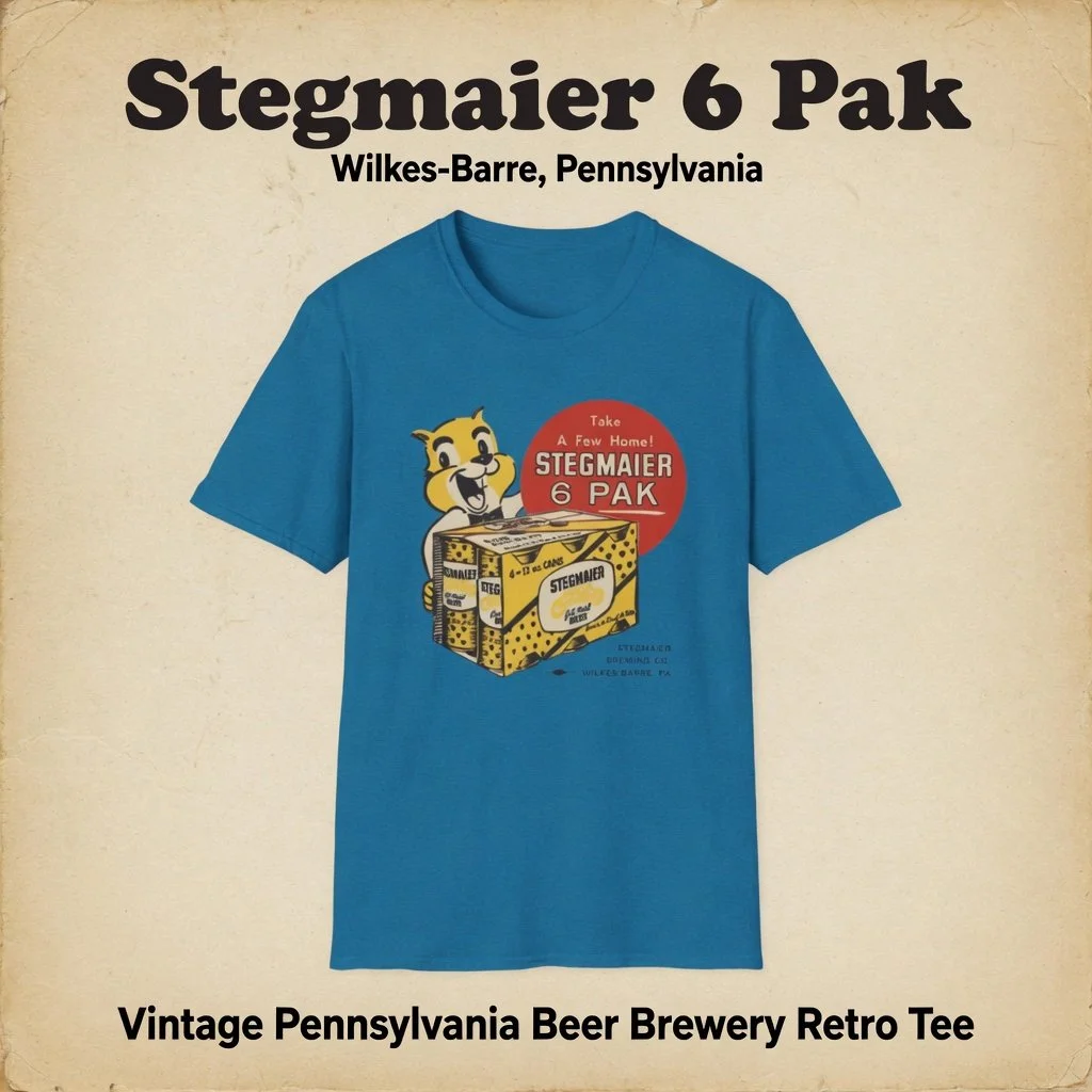 Take a few home! Classic Stegmaier 6-Pak t-shirt featuring the iconic squirrel mascot and vintage brewery branding from Stegmaier Brewing Co. in Wilkes-Barre, Pennsylvania. A fantastic retro piece for beer lovers, Pennsylvania locals, and fans of old