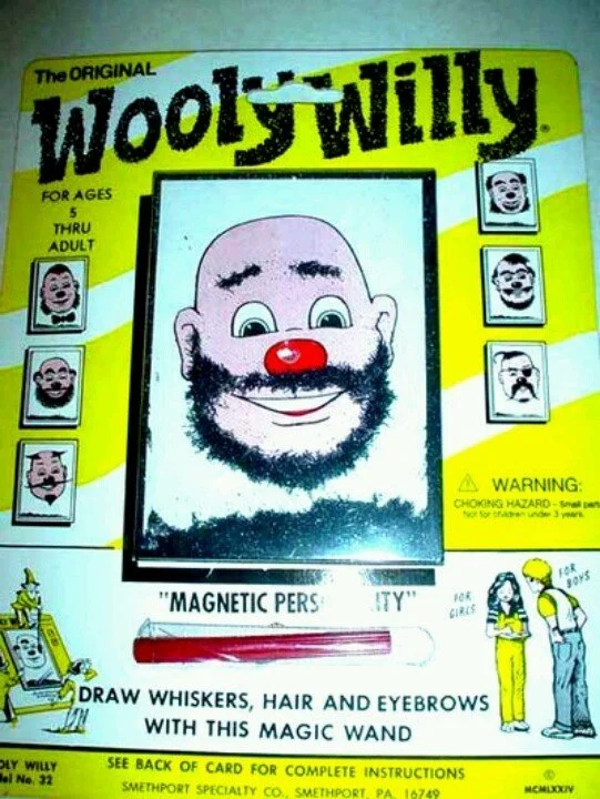 The toy that turned bald into bold since 1955!  Wooly Willy &mdash; the ORIGINAL magnetic drawing toy by Smethport Specialty Co. (Smethport, PA). Invented by James Herzog using leftover magnetic filings, this little guy let you style epic hair, musta