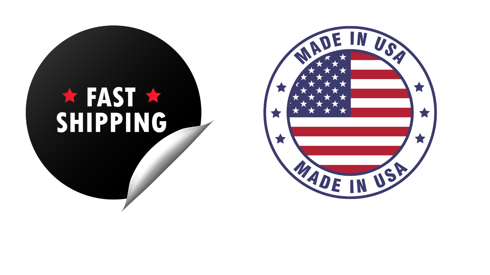 Sticker with American flag and text "Made in USA" and a label stating "Fast Shipping" with red stars.