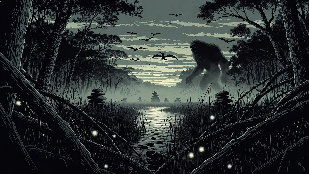 A dark, misty forest scene with a river in the middle, surrounded by trees. In the background, a large, hairy creature resembling Bigfoot is visible among the trees. Several flying bats are in the sky, and small glowing orbs are scattered among the plants in the foreground.