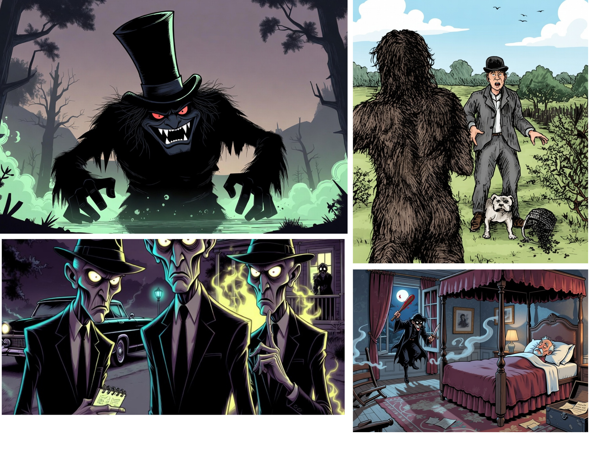 A collage of four scenes featuring various supernatural and spooky characters: a menacing black wolf with a top hat emerging from water with a dark forest background, a group of three eerie men in suits and hats with glowing eyes and ghostly aura standing outside a house at night, a werebear and a man dressed in vintage clothing having a conversation in a grassy field with trees, and a vampire hovering over a Victorian bedroom at night with a coffin, a woman in bed, and a window showing the moon.