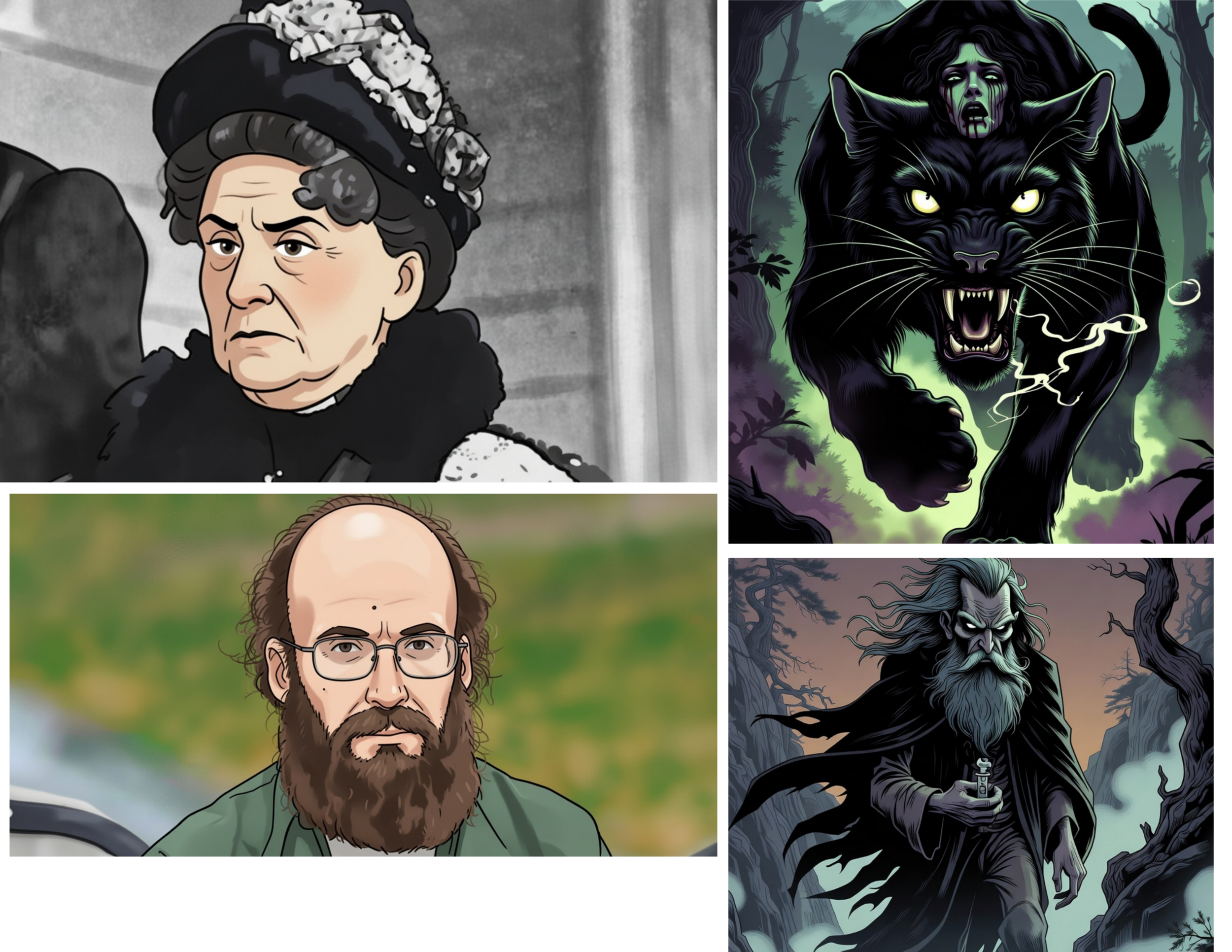 A collage of four images: top left is an illustration of Queen Victoria with a stern expression, wearing a black dress and a black and white bonnet; top right is a dark, animated style illustration of a fierce black panther with yellow eyes, and a woman with long dark hair and pale face behind it; bottom left is a real photograph of a man with glasses, a beard, and a serious expression, outdoors with a blurred green background; bottom right is a dark fantasy illustration of an old man with white hair and beard, dressed in black robes, holding a potion bottle in a spooky forest.