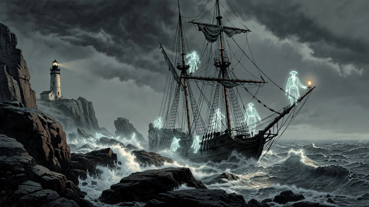 A ghostly shipwreck with glowing ghost pirates near a lighthouse on stormy seas during a dark, cloudy night.