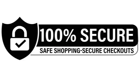 Seal with a lock symbol and the text '100% Secure' and 'Safe Shopping - Secure Checkouts' indicating secure online shopping.
