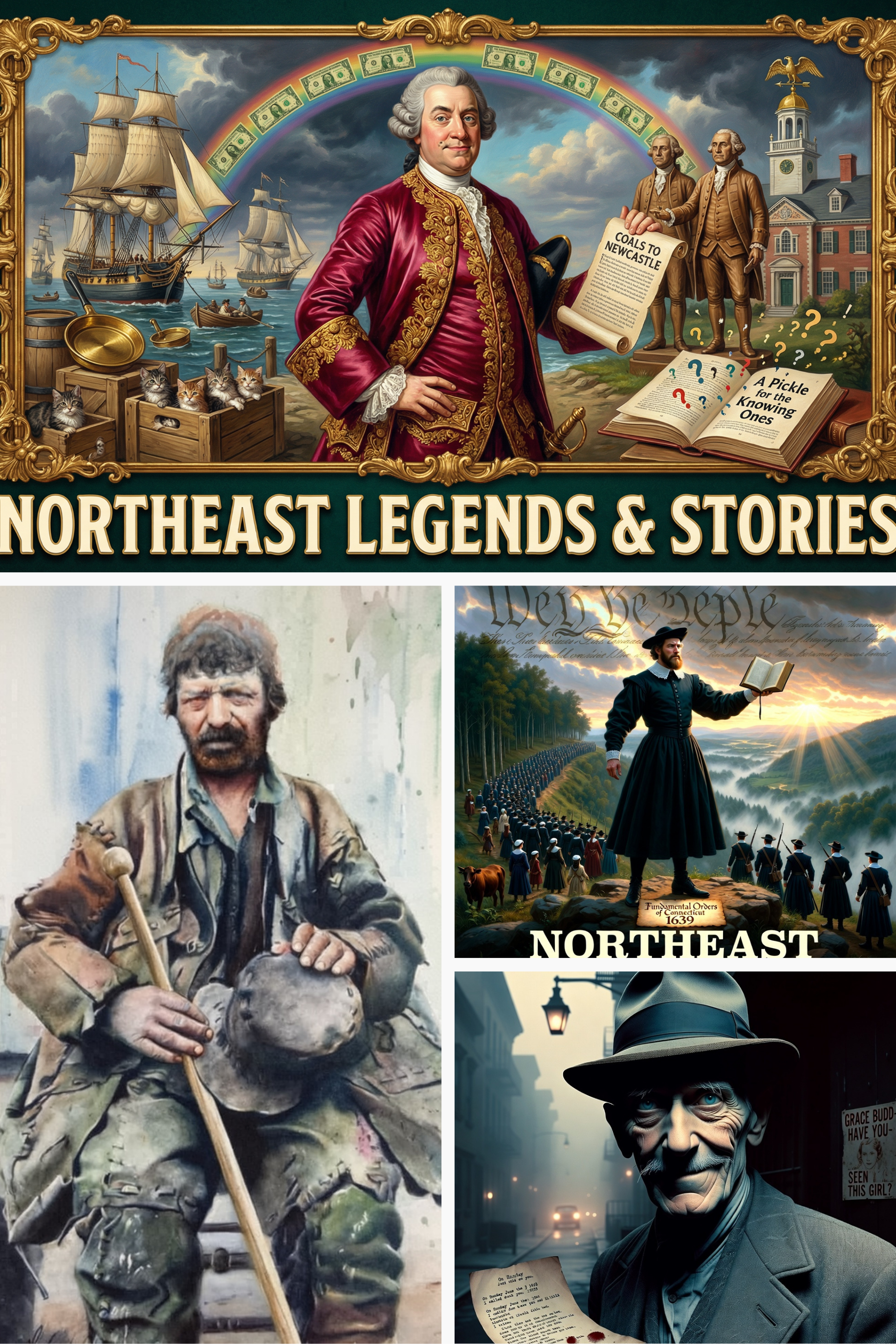 A collage of four images highlighting Northeast legends and stories. The top image features a colorful painting of a historic figure in elaborate clothing, ships, cats, and symbols of historical legends with the title 'Northeast Legends & Stories'. The bottom left image shows a historical reenactment of a man in rugged clothing sitting outdoors. The bottom right images depict a historical figure with a hat reading a letter and a person holding a document, both representing Northeast legends.