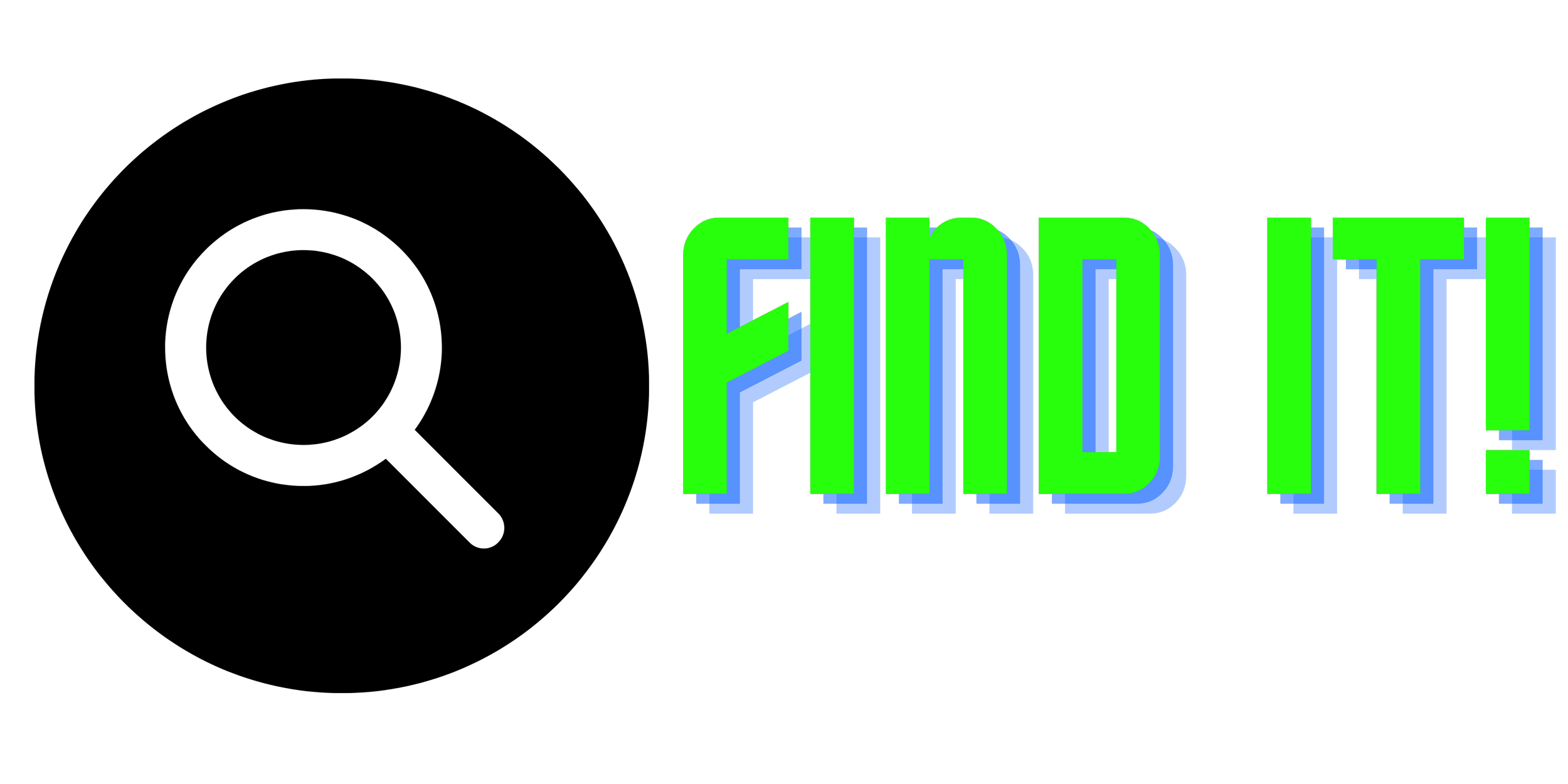 Colorful text with the word "FIND" in green, and