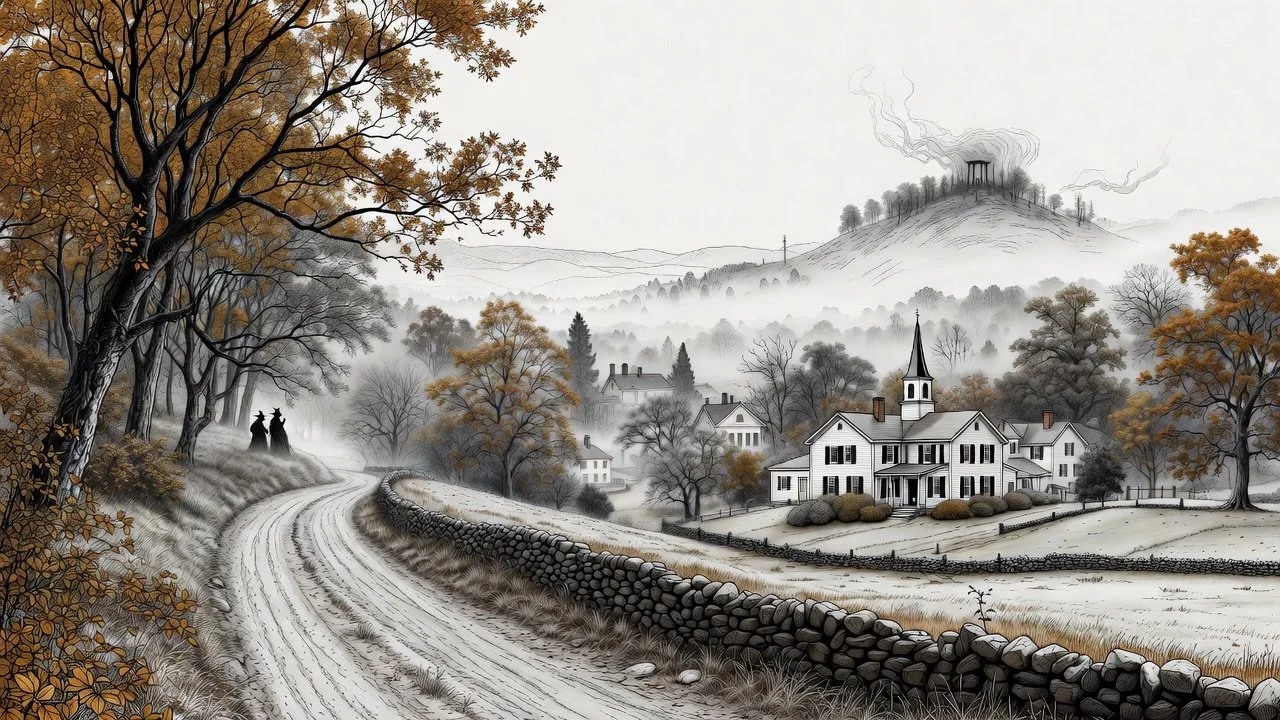 A black-and-white illustration of a rural landscape with a dirt road, stone wall, trees, houses, and mountains in the background.