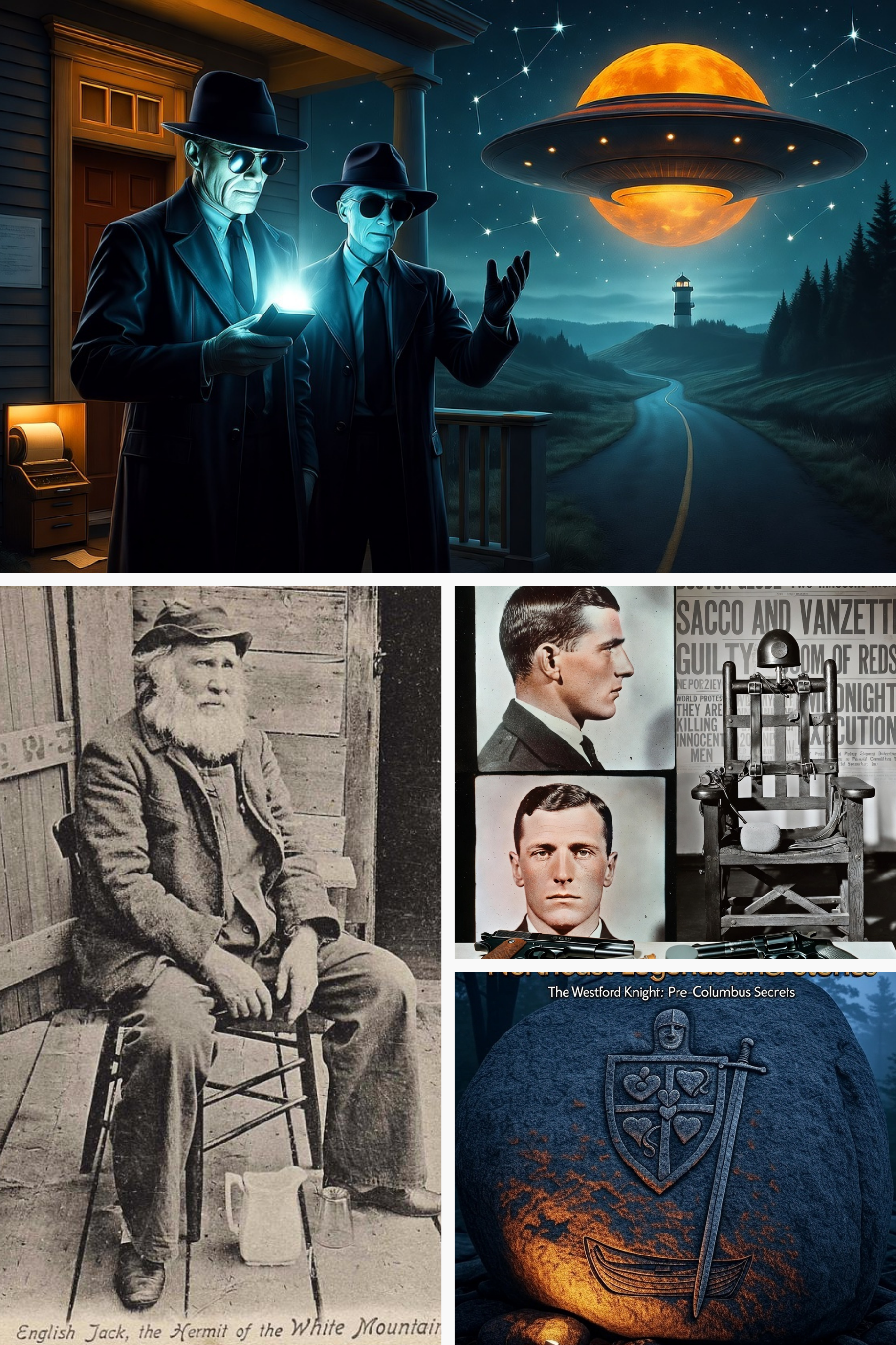 The collage includes a fictional scene of two men dressed as spies looking at a glowing device on a porch with a UFO-shaped object and a moonlit sky in the background; a black-and-white photo of an older man with a beard sitting on a bench with a pitcher and glasses on the ground; a set of mugshots of two young men and a police chair; and a carved stone with a shield and sword, labeled "The Westford Knight: Pre-Columbian Secrets."