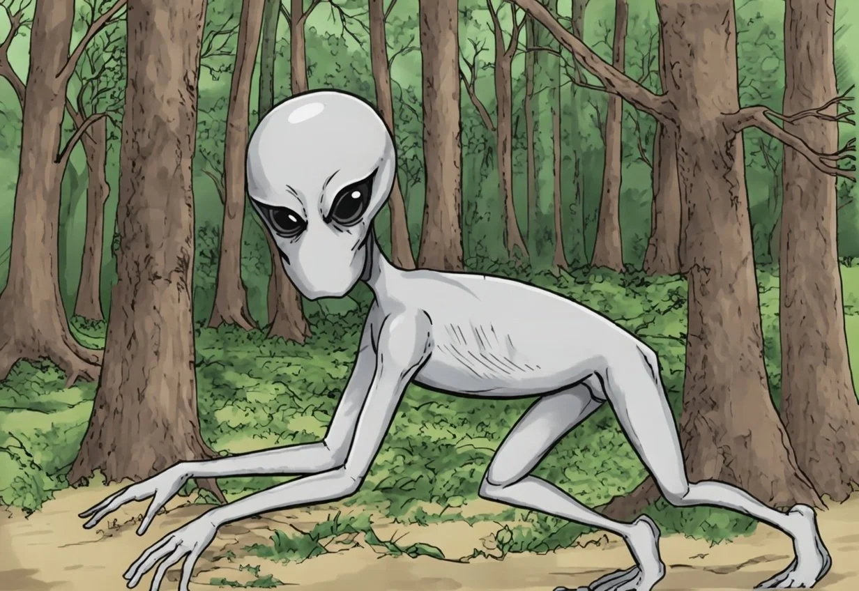 An alien creature with a large head, black eyes, and a slender body, crouching in a forest with tall trees and green foliage.