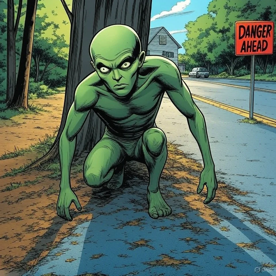A green goblin-like creature crouches on the side of a road, with a suspicious look, near a tree. Behind it, there are houses, trees, a car, and a sign that says 'Danger Ahead'.