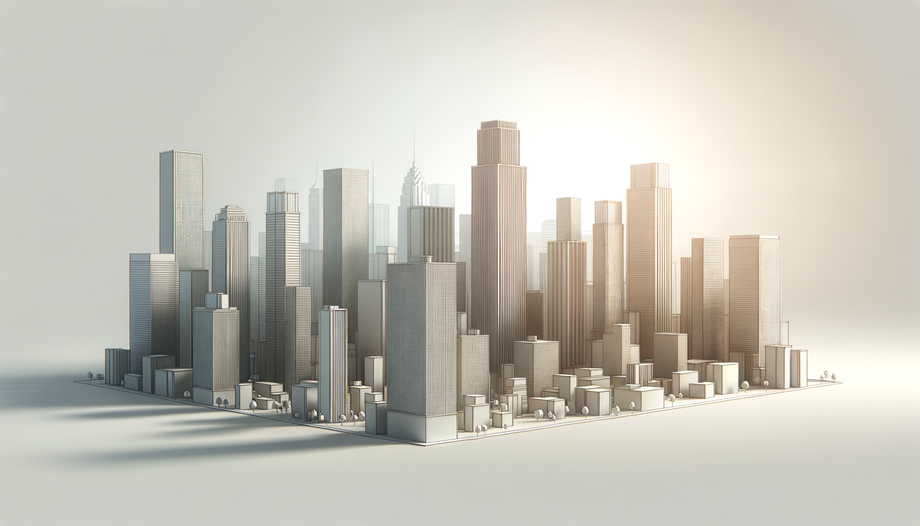 A digital rendering of a city skyline with numerous tall skyscrapers, depicted in a monochrome, minimalist style with no color, against a plain background.