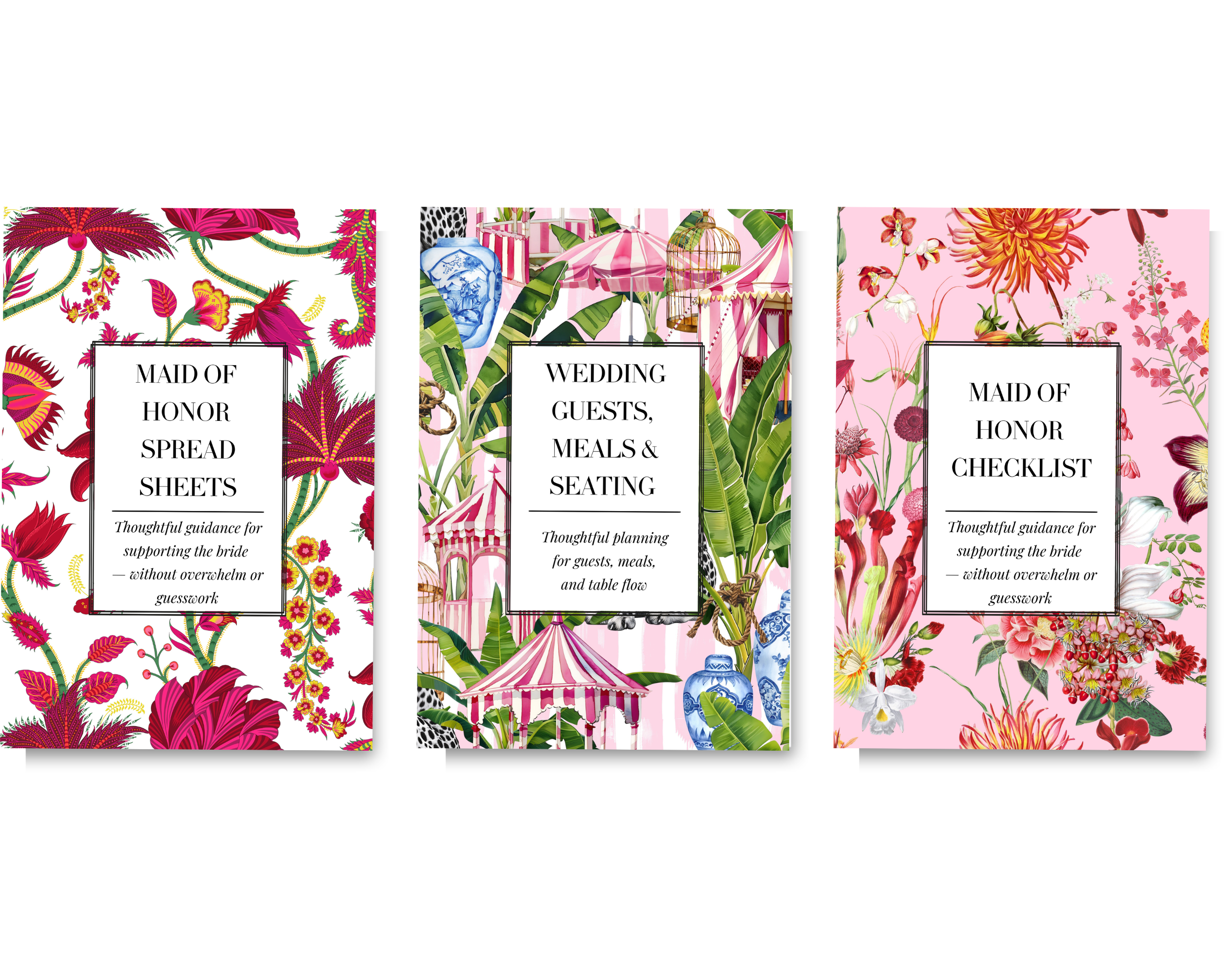 Three colorful graphic cards for wedding planning, featuring floral and tropical patterns with titles and guiding descriptions for different wedding coordination tasks.