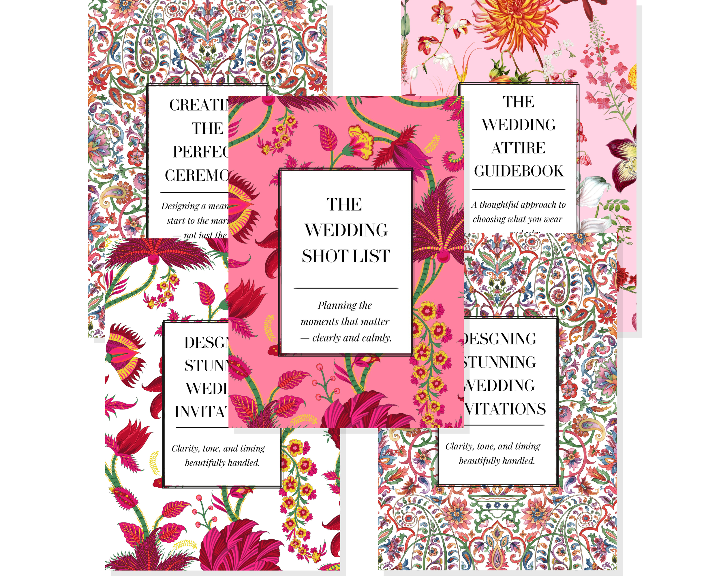 Collection of wedding planning books with vibrant floral patterns on their covers, including titles like "The Wedding Shot List," "The Wedding Attire Guidebook," "Creating the Perfect Ceremony," "Designing Stunning Invitations," and "Designing the Perfect Wedding."
