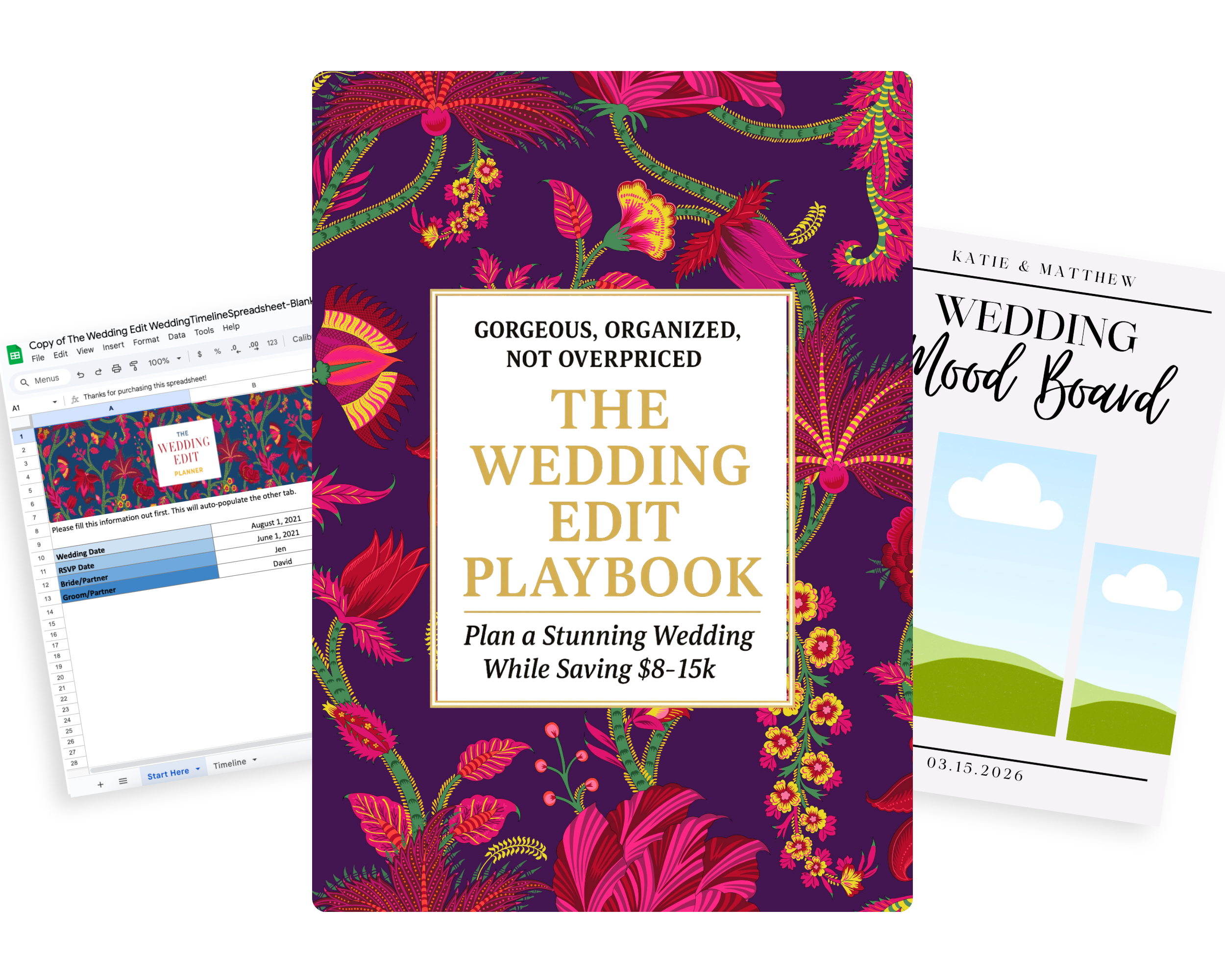 Collection of wedding planning materials including a colorful floral-themed wedding edit playbook, a wedding mood board, and a wedding timeline spreadsheet.
