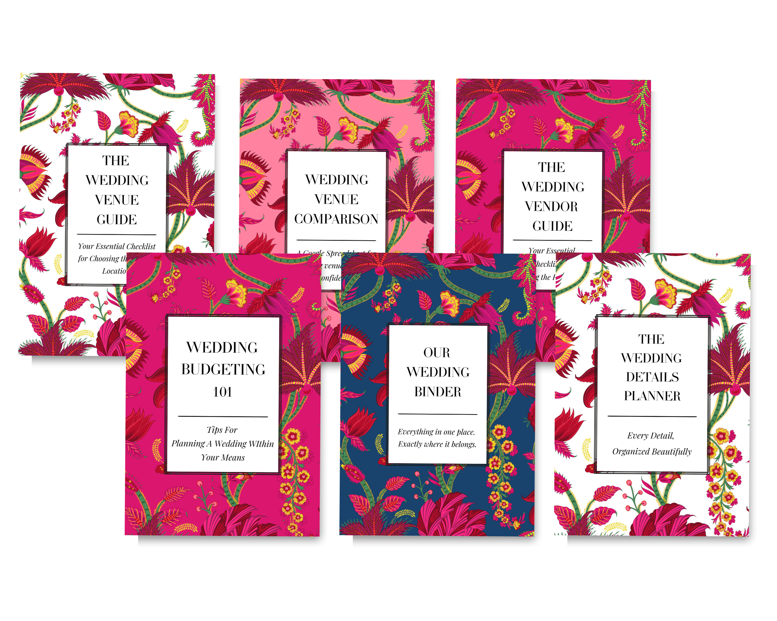 Collection of wedding planning guides with floral patterns and titles such as 'The Wedding Venue Guide,' 'Wedding Venue Comparison,' 'The Wedding Vendor Guide,' 'Wedding Budgeting 101,' 'Our Wedding Binder,' and 'The Wedding Details Planner.'