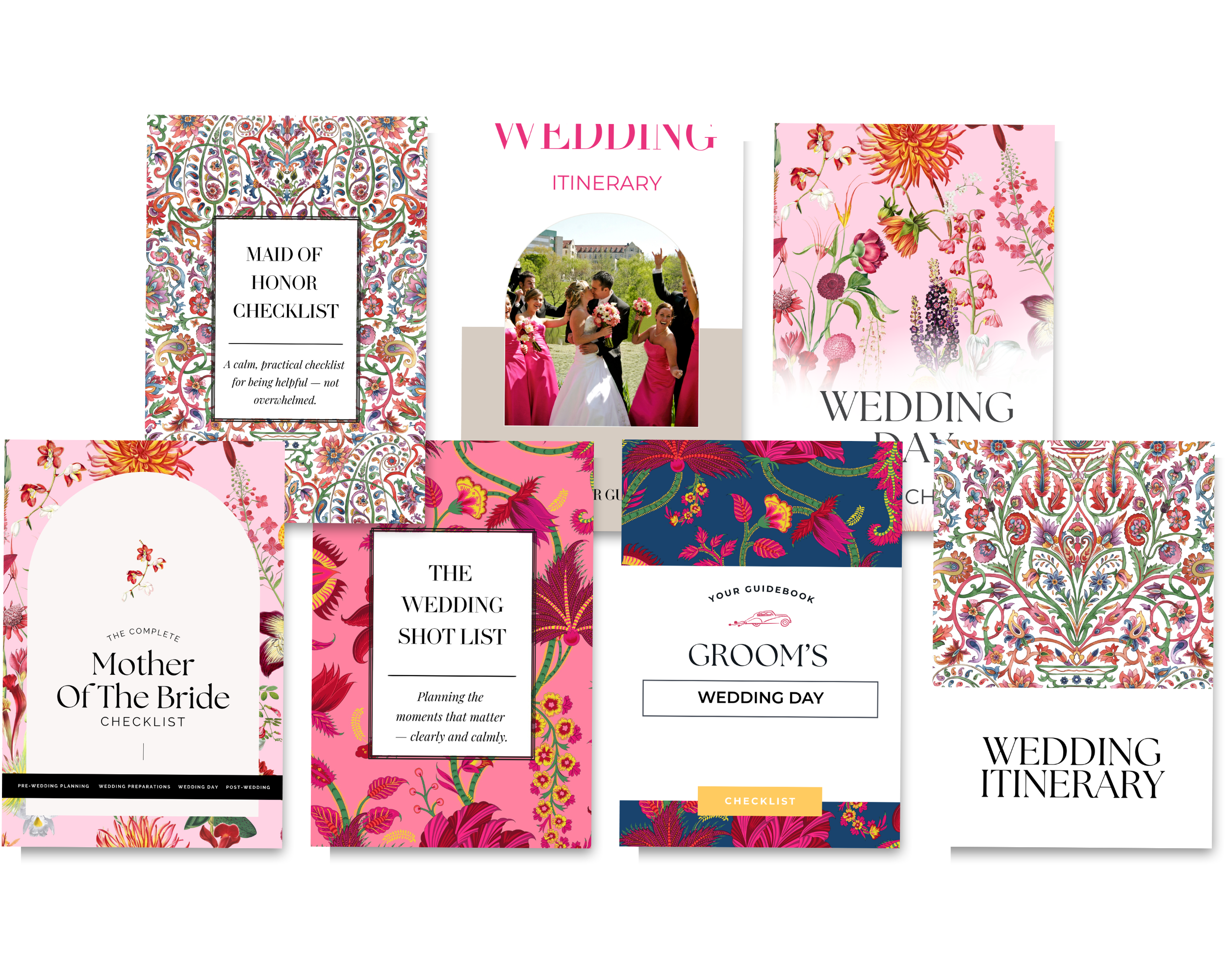 Collection of wedding planning booklets and guides with floral and colorful designs, including checklists, itinerary guides, and shot list templates.