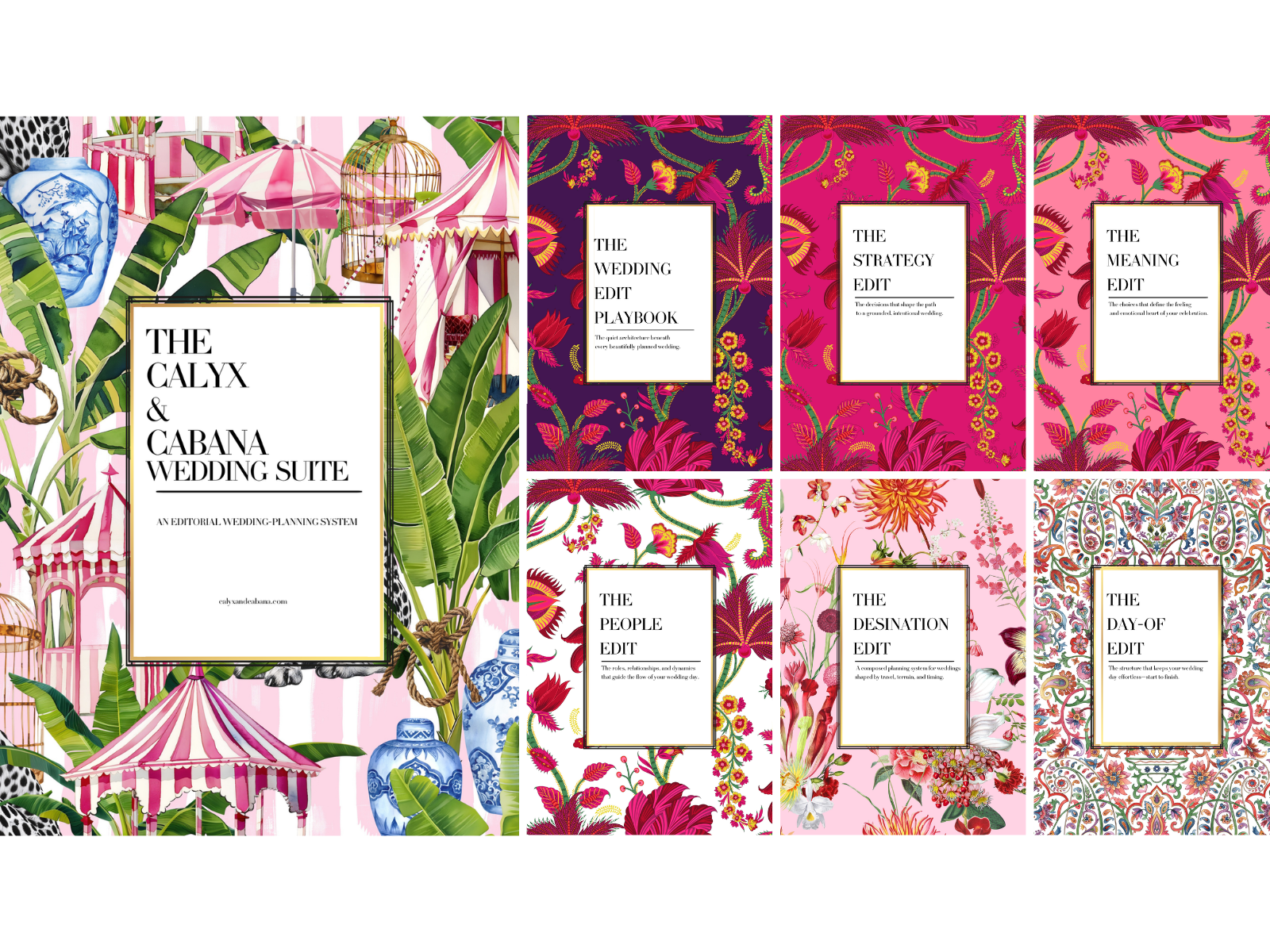 Wedding planning book cover with tropical and floral patterns, featuring sections for wedding edit, strategy, meaning, people, destination, and day-of, labeled with titles and descriptions.