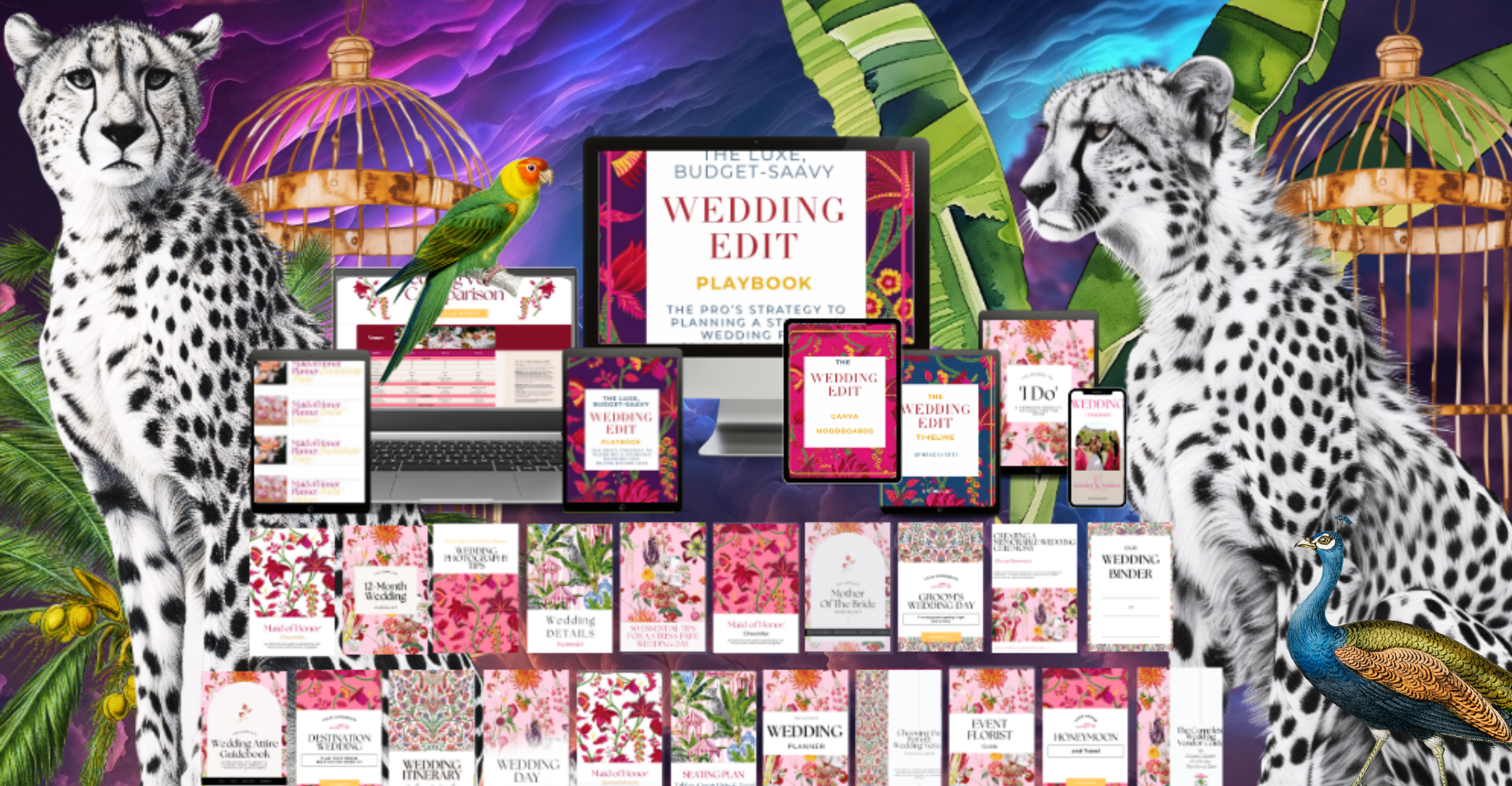 Digital collage of wedding planning materials, including playbook, mood boards, timelines, and guides displayed on electronic devices and printed pages with a tropical jungle background featuring cheetahs, parrots, peacocks, and lush green leaves.