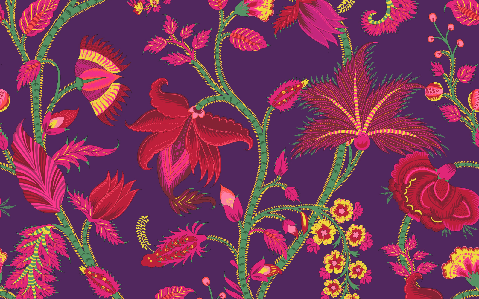 Pattern of colorful exotic flowers and leaves on a purple background.