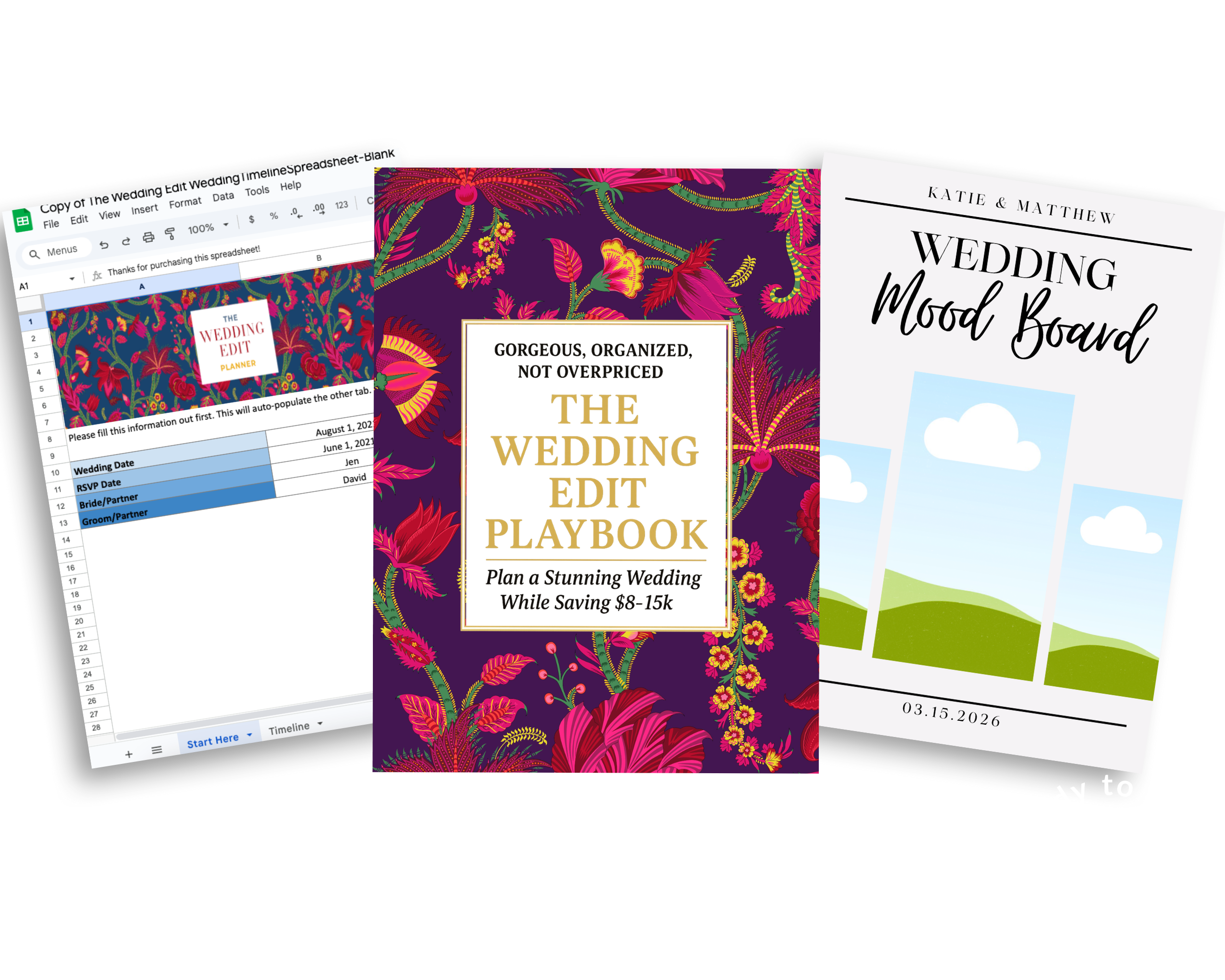 Set of wedding planning materials including a spreadsheet, a colorful floral-themed wedding edit playbook, and a wedding mood board with outdoor scenery, clouds, and green hills.