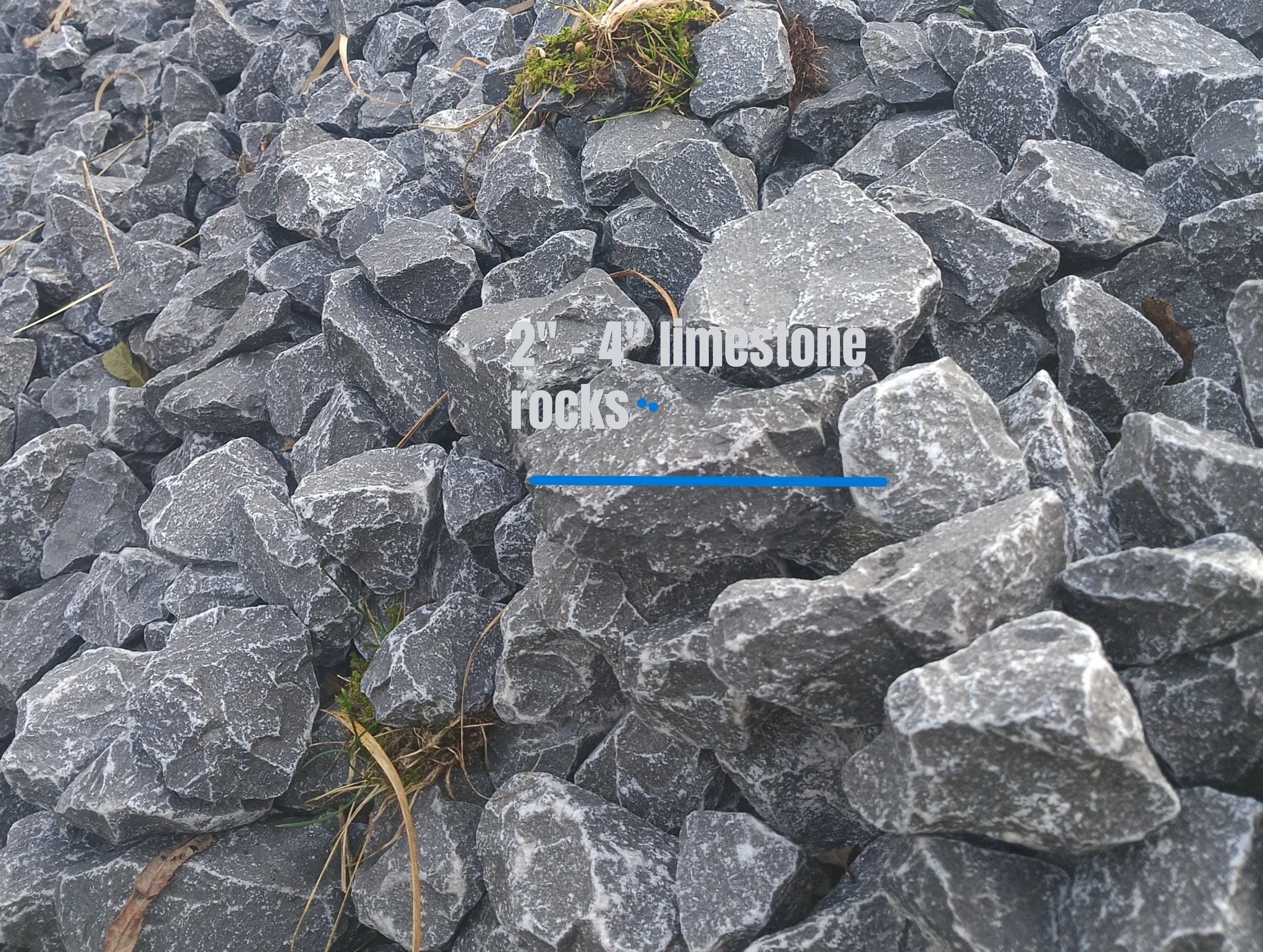 A pile of gray limestone rocks with varying sizes, some with white streaks and a few pieces of grass and small plants among them.