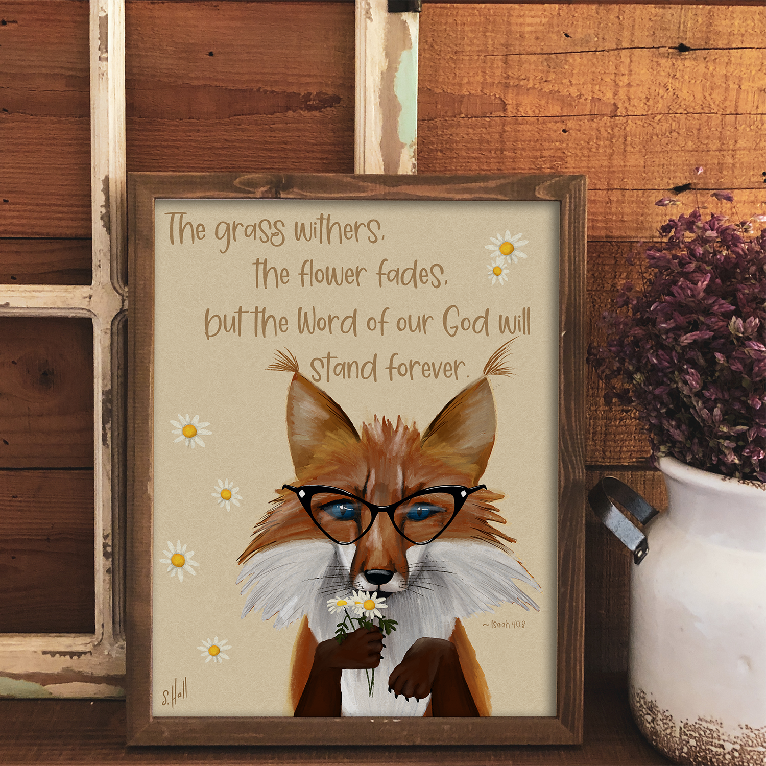 Fox with Daisies – Isaiah 40:8 Art Print | 8x10