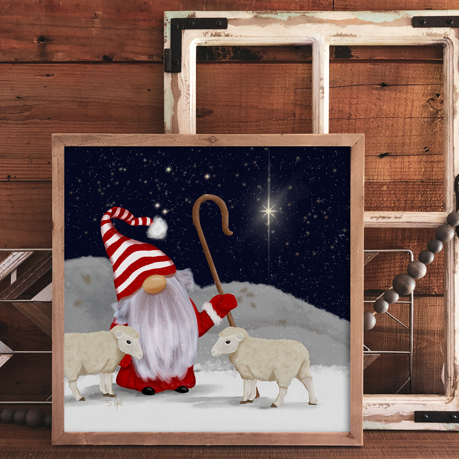 Christmas Gnome Shepherd with Sheep Art Print | 8x8