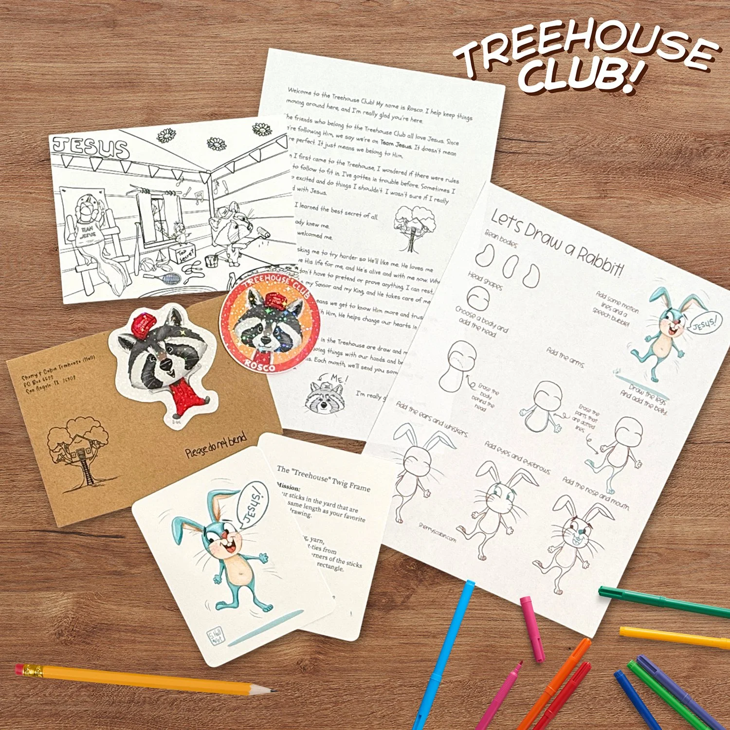 Letters from the Treehouse Christian mail club for kids featuring a Roscoe raccoon letter, step-by-step drawing page, coloring sheet, nature activity card, and Treehouse Club stickers.