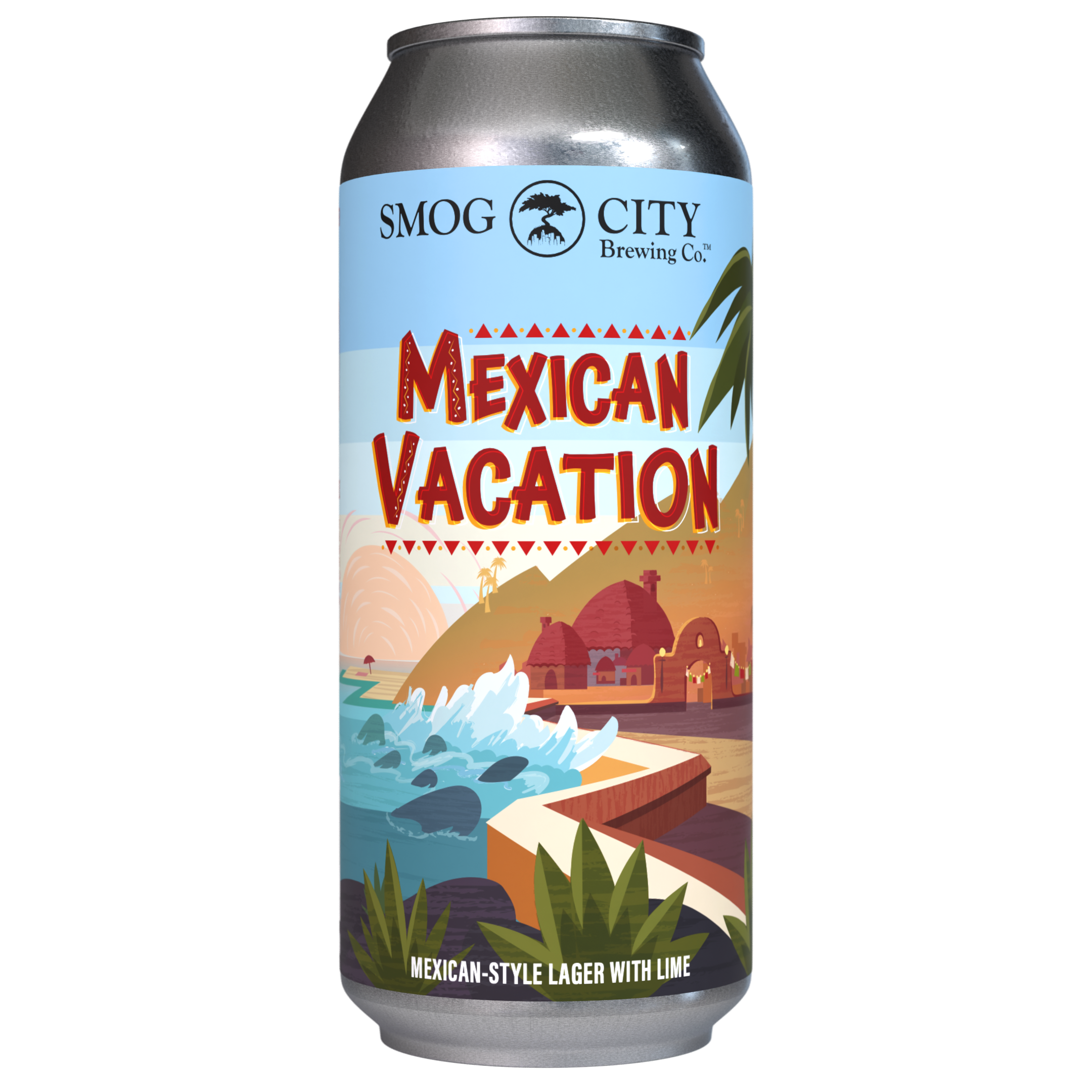Smog City Brewing Co. Mexican Vacation Mexican-style lager with lime, a crisp and refreshing 4.5% beer available on draft and in 4-packs at Smog City taprooms.