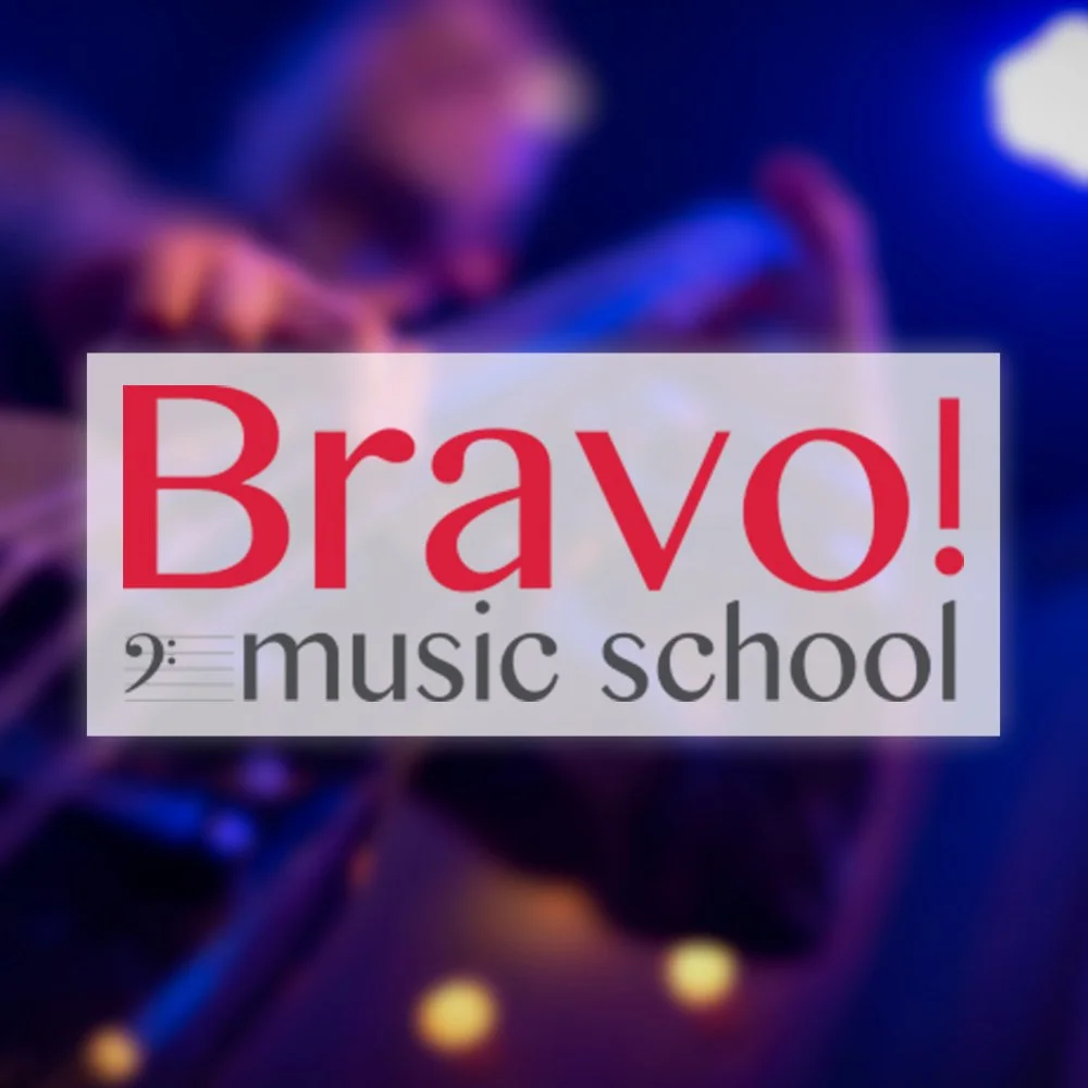 Bravo! Music School logo against a blurred background of a live jazz musician.
