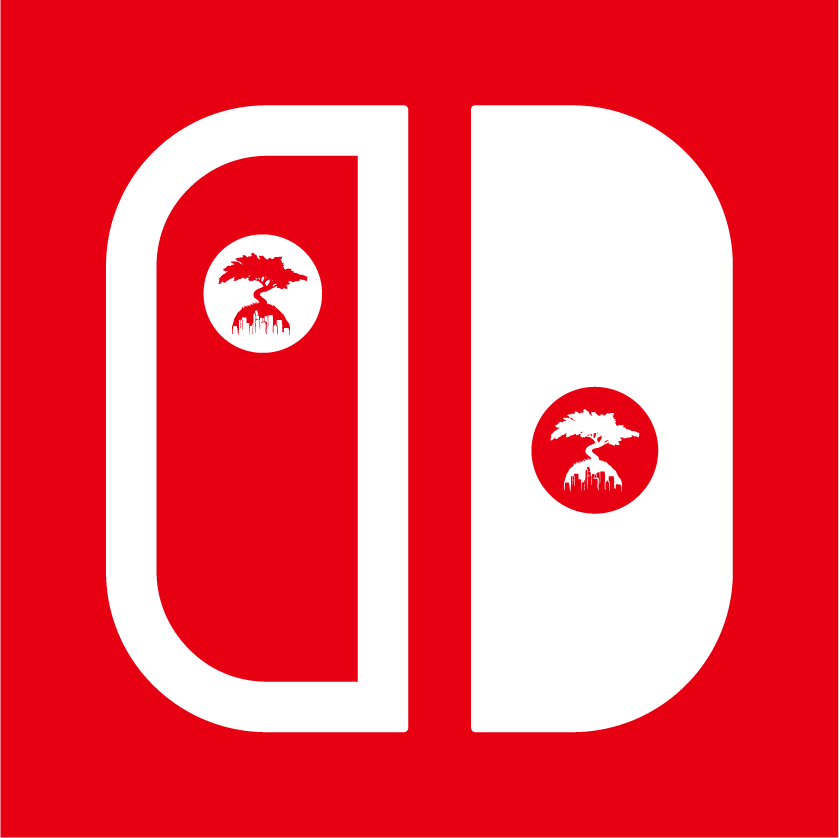 Nintendo Switch logo (red and white) with Smog City tree logos in place of the controller buttons.