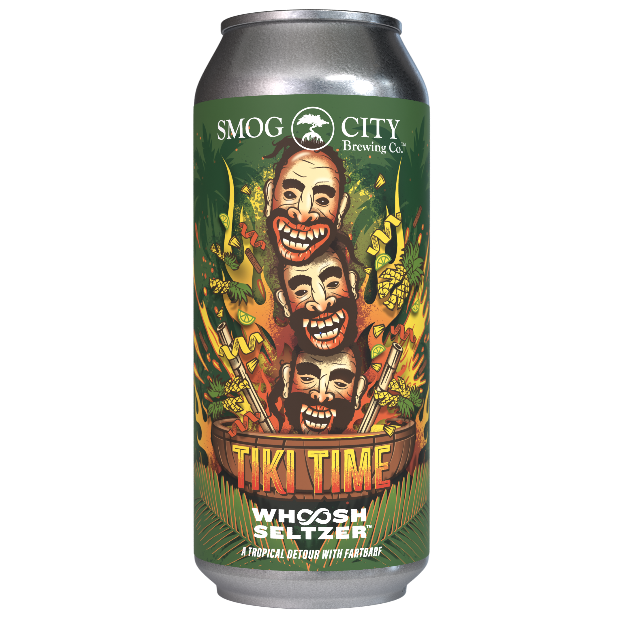 Tiki Time is an 8% hard seltzer from Smog City Brewing Co. with notes of pineapple, passionfruit, citrus, and allspice. Available for a limited time on draft and in 4-pack 16oz cans.
