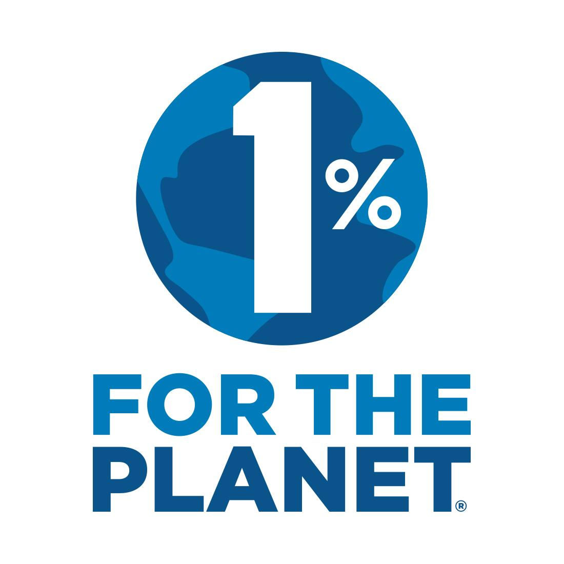 A circular logo with an illustration of the Earth in shades of blue with a large white "1%" in the center. Below, the text reads "For the Planet" in bold blue letters.