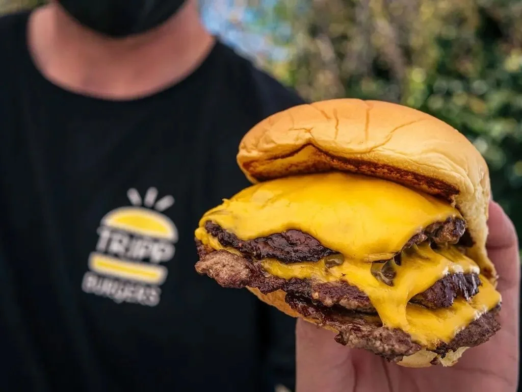 Person holding a cheeseburger with melted cheese and double beef patties.