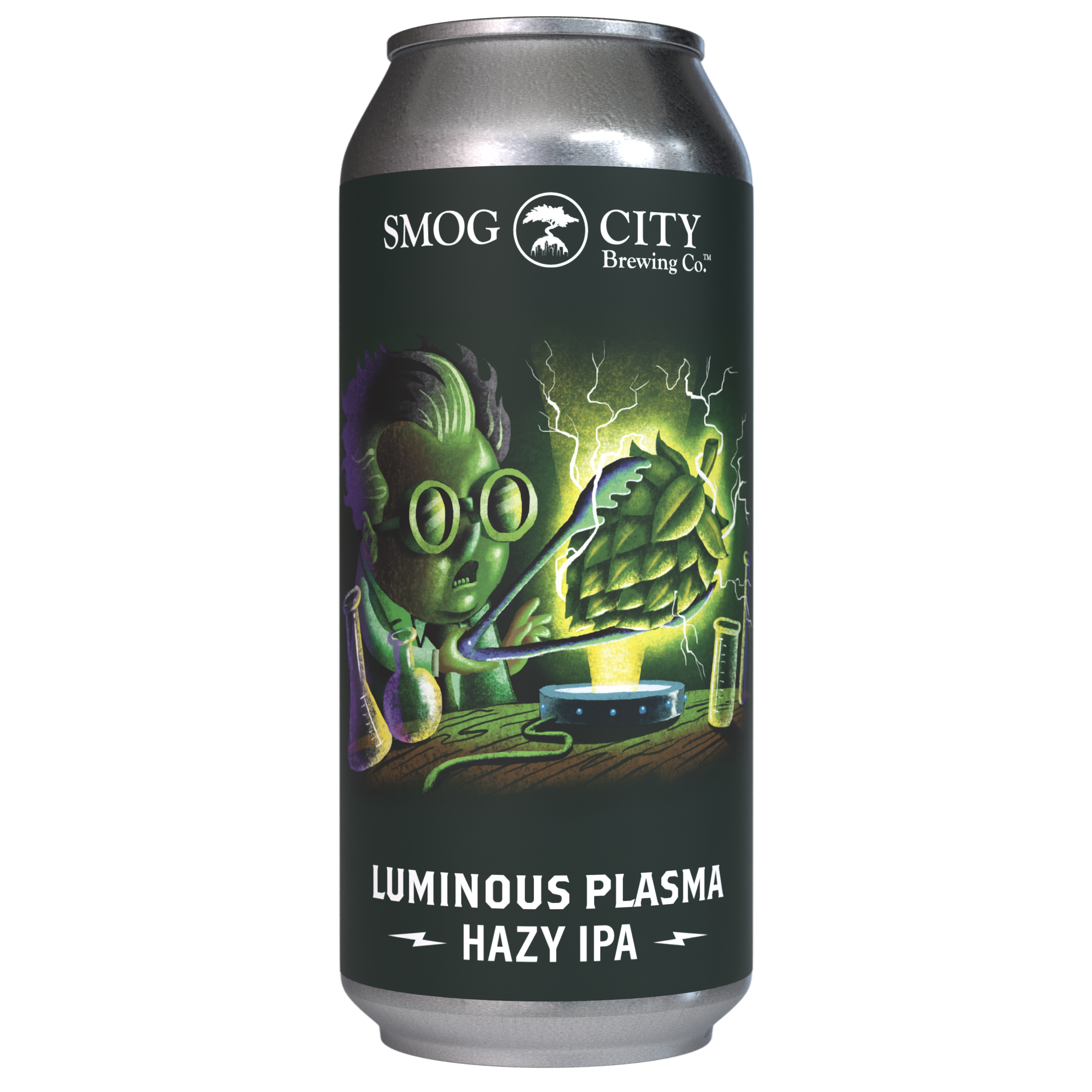 Luminous Plasma Hazy IPA from Smog City Brewing Co., a limited 6.6% hazy IPA with sweet citrus, stone fruit, and passion fruit. Available on draft and in 4-pack 16oz cans.