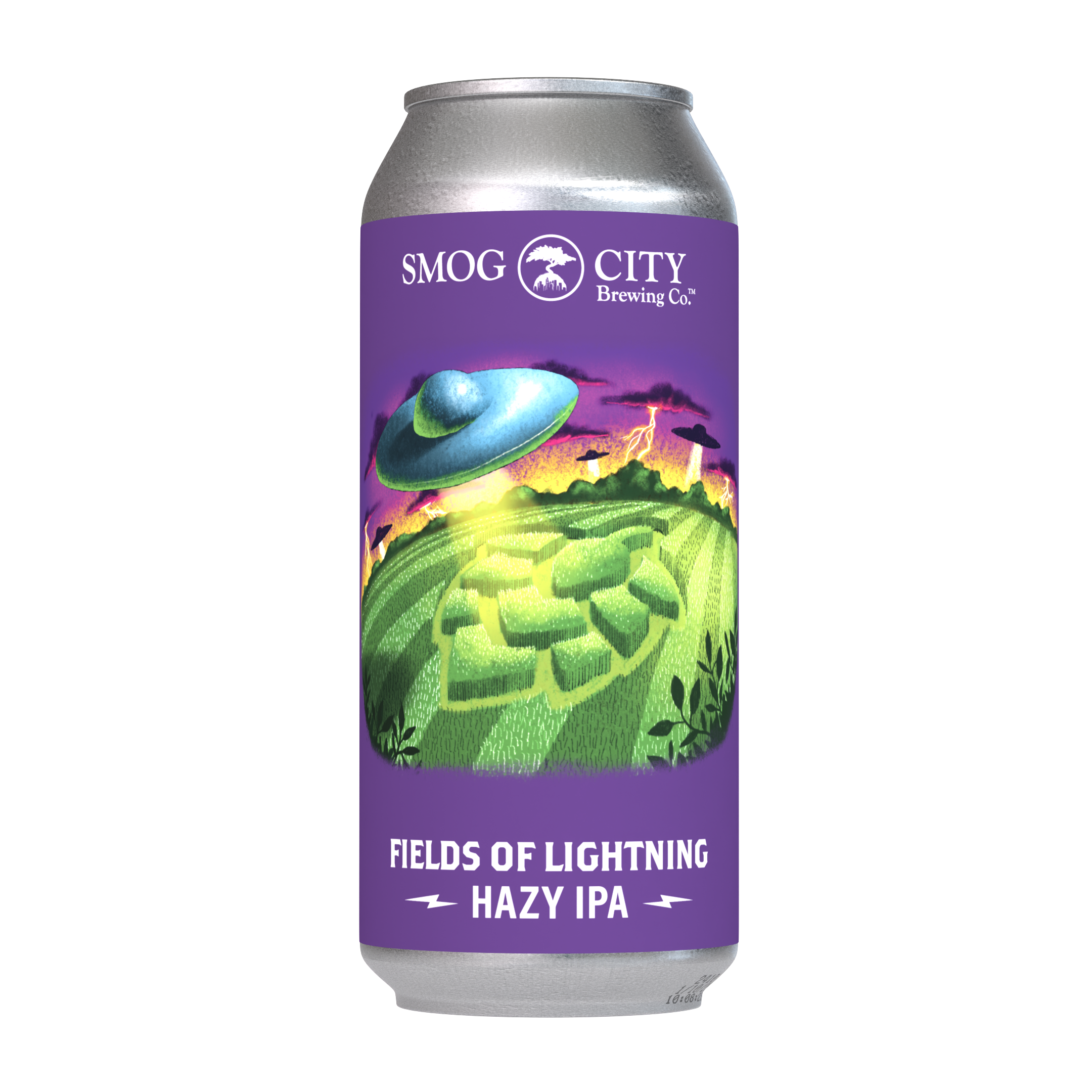Fields of Lightning hazy IPA by Smog City Brewing featuring tropical fruit notes of lychee, cherry, and watermelon candy with a soft, full-bodied finish.