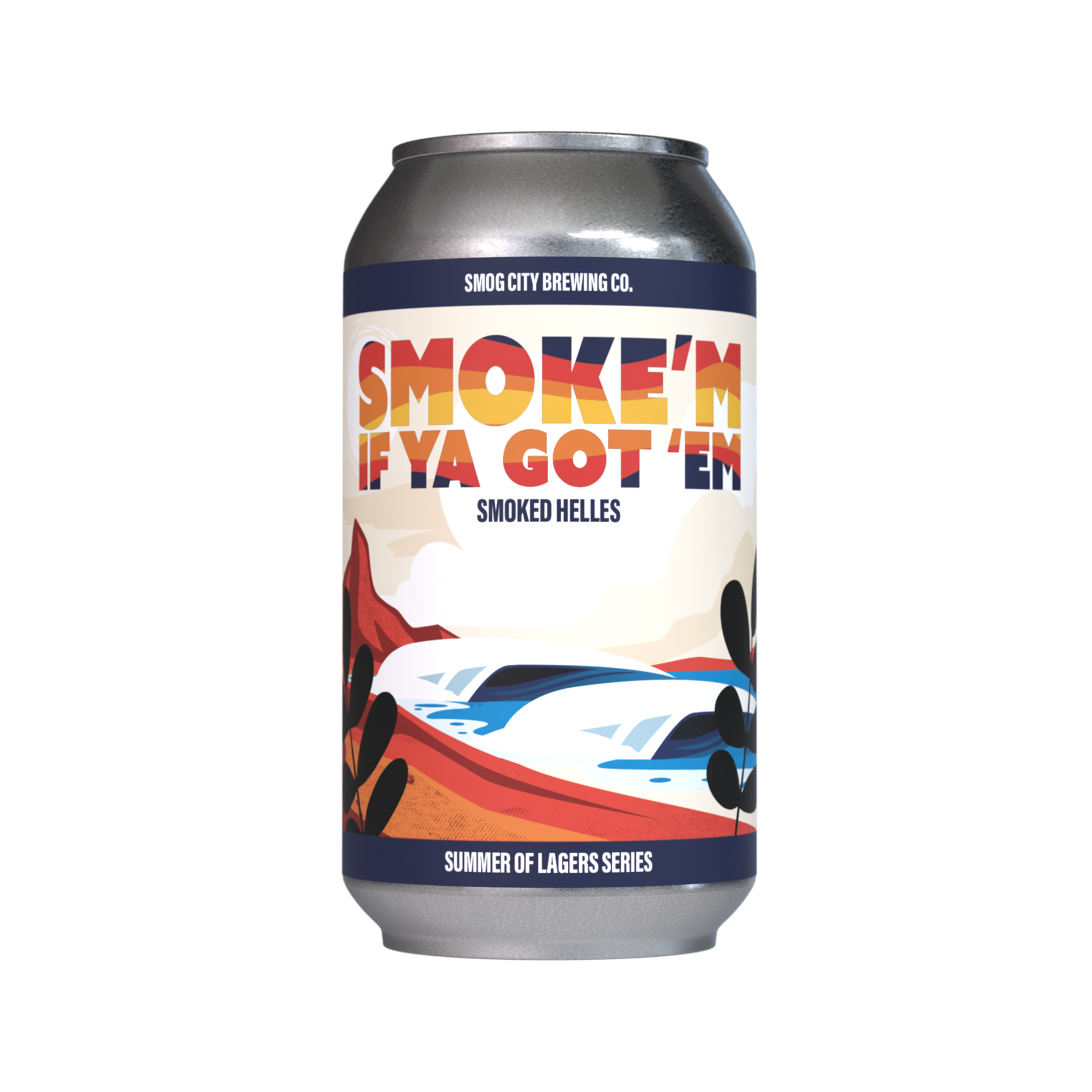 Smoke'm If Ya Got 'Em Lager from Smog City Brewing Co., a limited 4.8% Smoked Helles Lager with beechwood smoked malt and spicy hops. Available on draft and in 6-pack 12oz cans.
