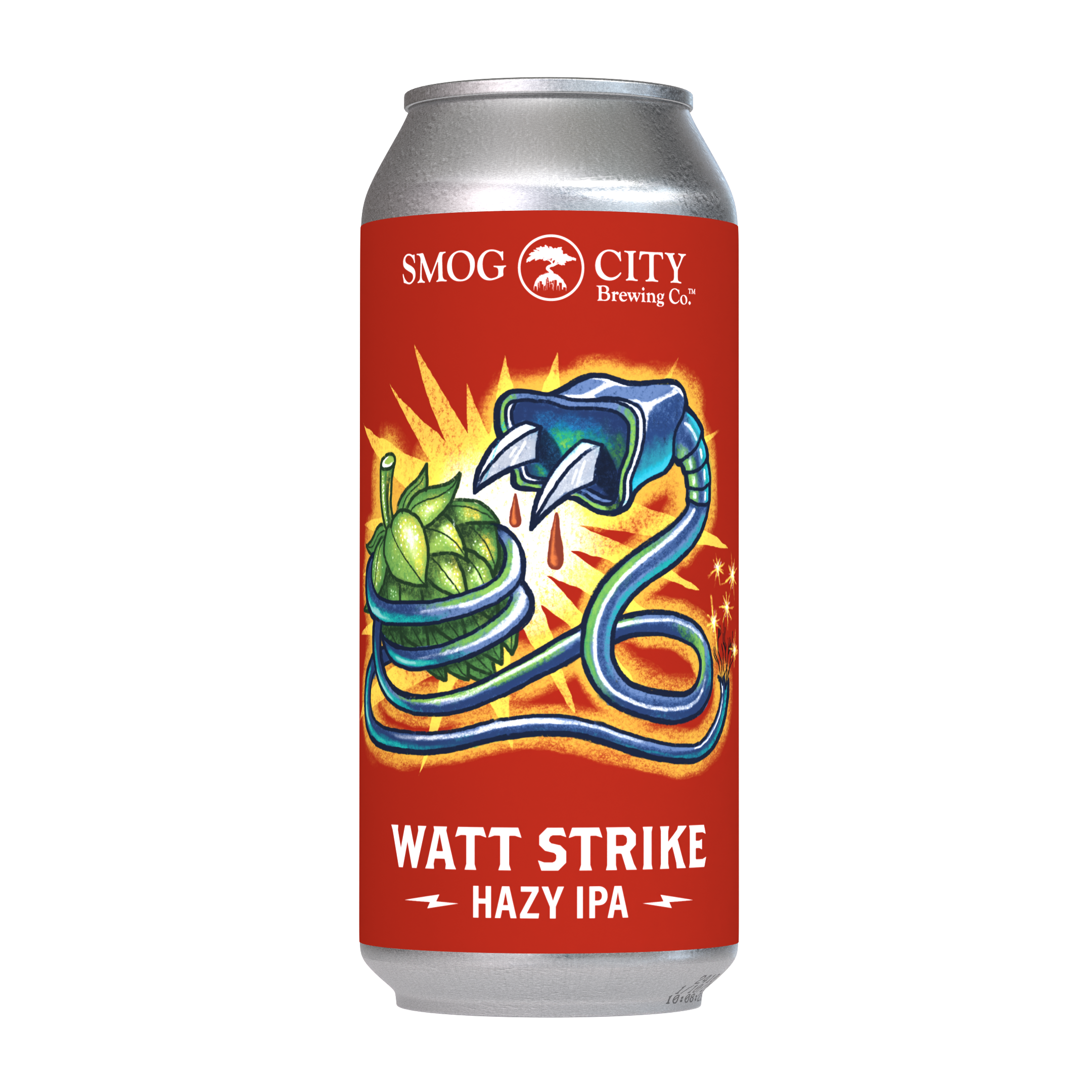 Watt Strike Hazy IPA from Smog City Brewing Co., a limited 6.3% hazy IPA with grapefruit, mango, lychee, pineapple, and pine notes, available on draft and in 4-pack 16oz cans.