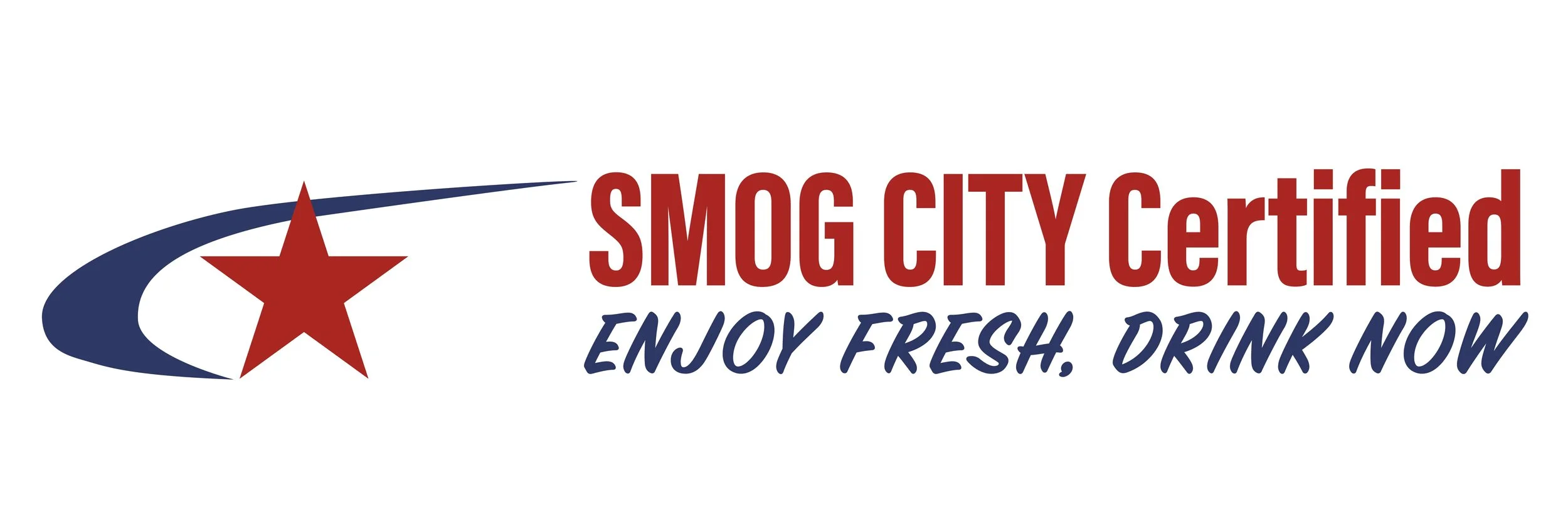 Smog City certification logo with a red star and blue swoosh, with text 'Smog City Certified' in red and 'Enjoy Fresh. Drink Now' in blue.