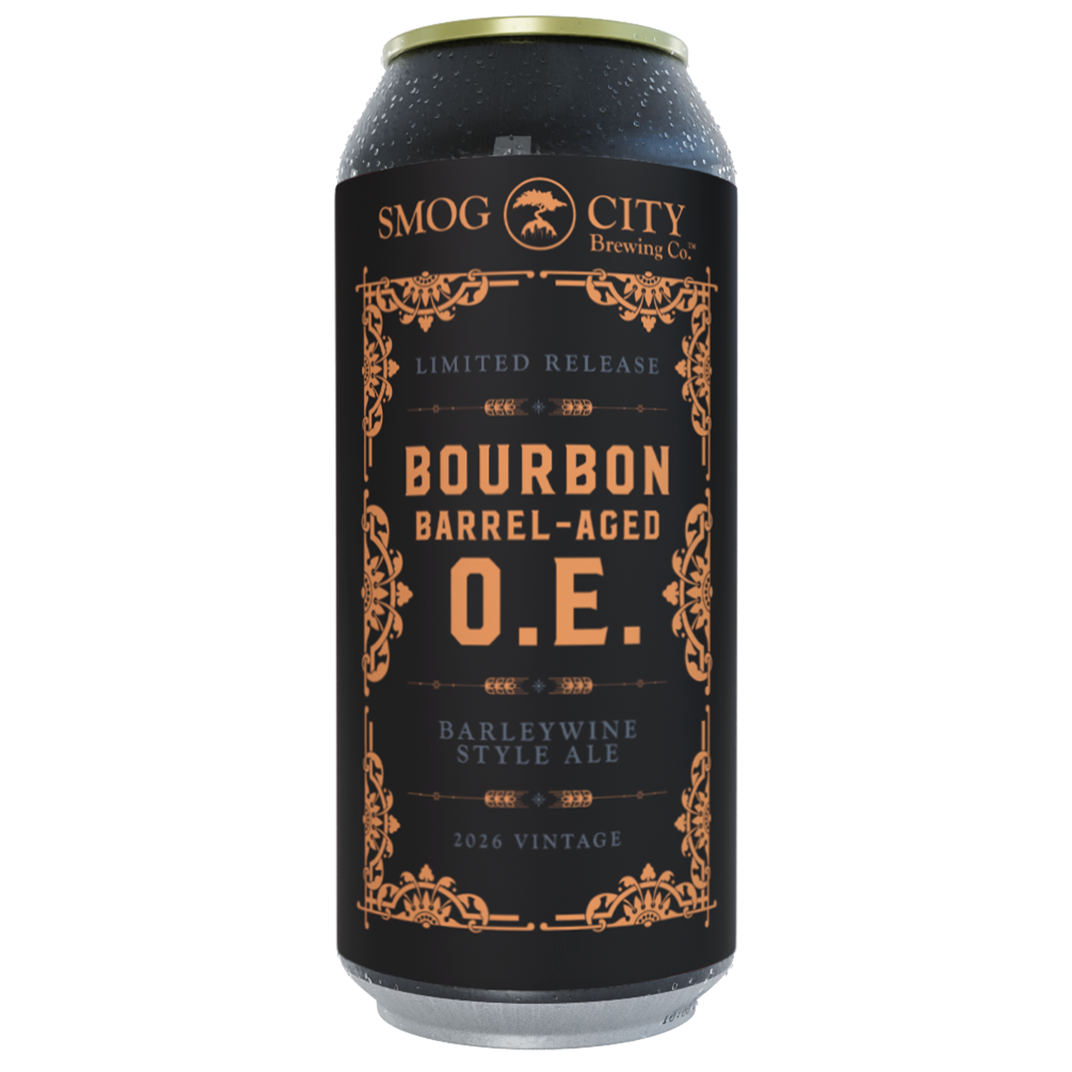 2026 Bourbon O.E. from Smog City Brewing Co., a 12.5% Barleywine Style Ale with notes of vanilla, caramel, oak, toffee, and pecan, available on draft and in 4-pack 16oz cans.