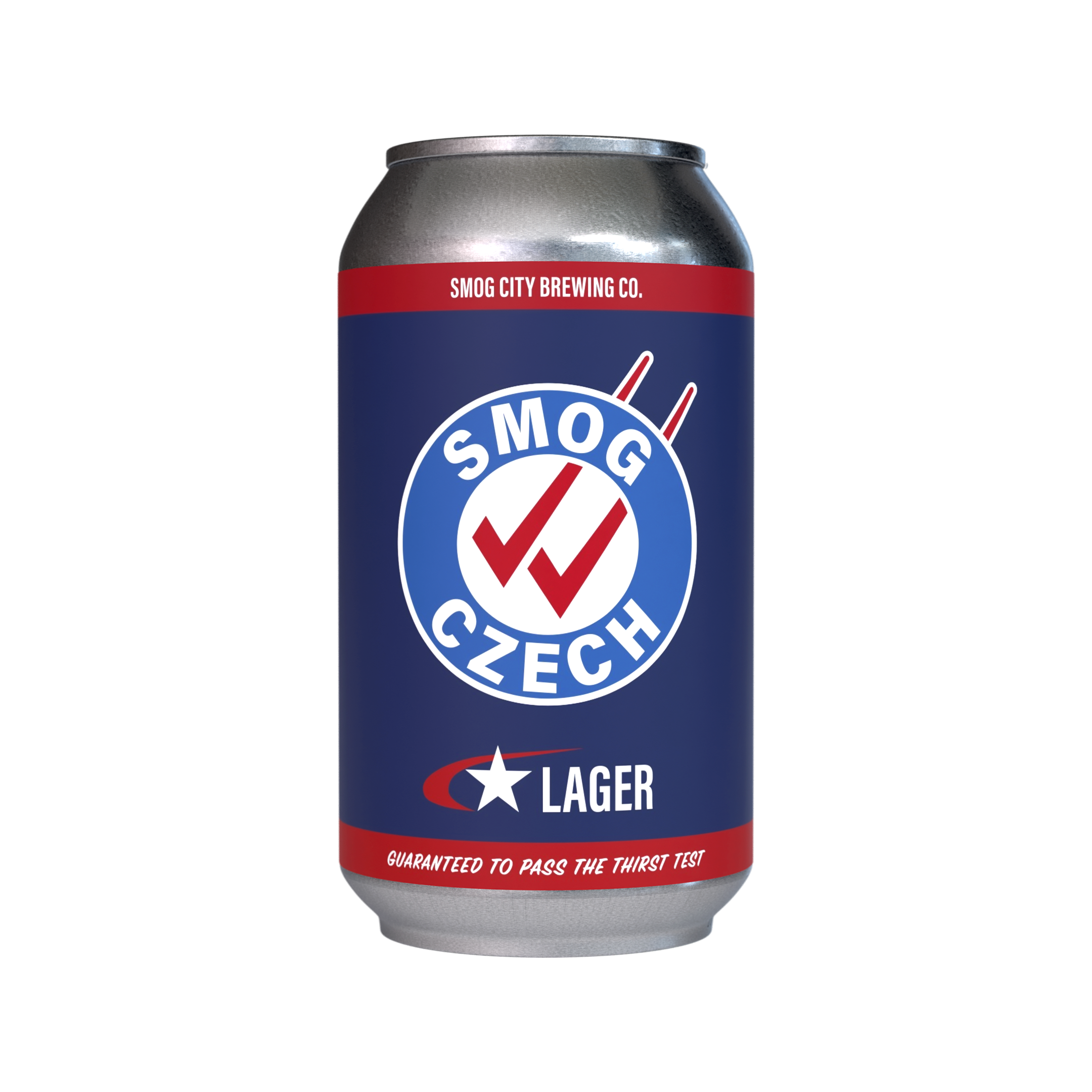 Can of Smog Czech Lager beer with red, white, and blue label featuring a check mark and a star