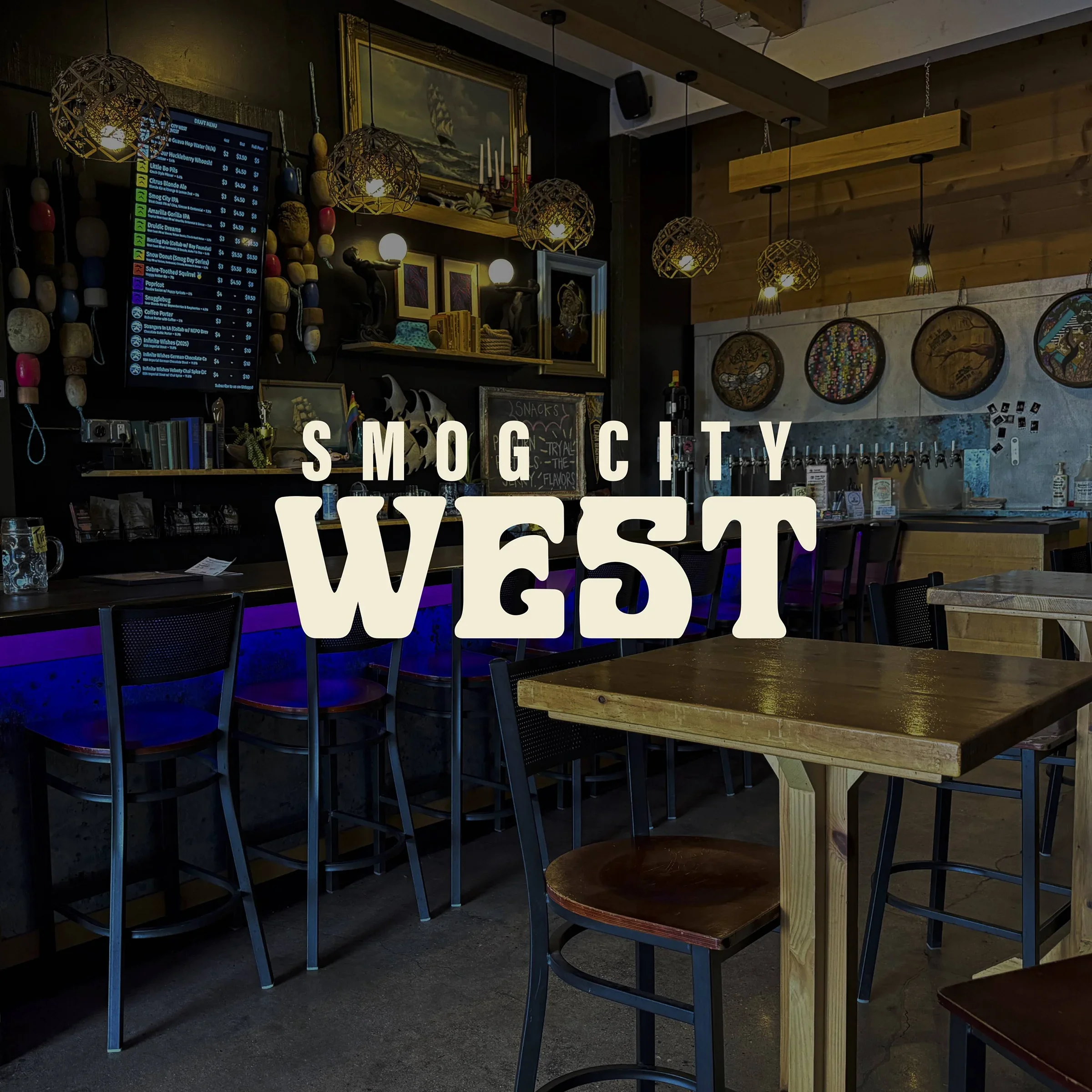 Interior of a bar with wooden tables and bar stools, decorative hanging lights, a computer screen displaying a menu, and wall art, with the overlay text 'Smog City West'.