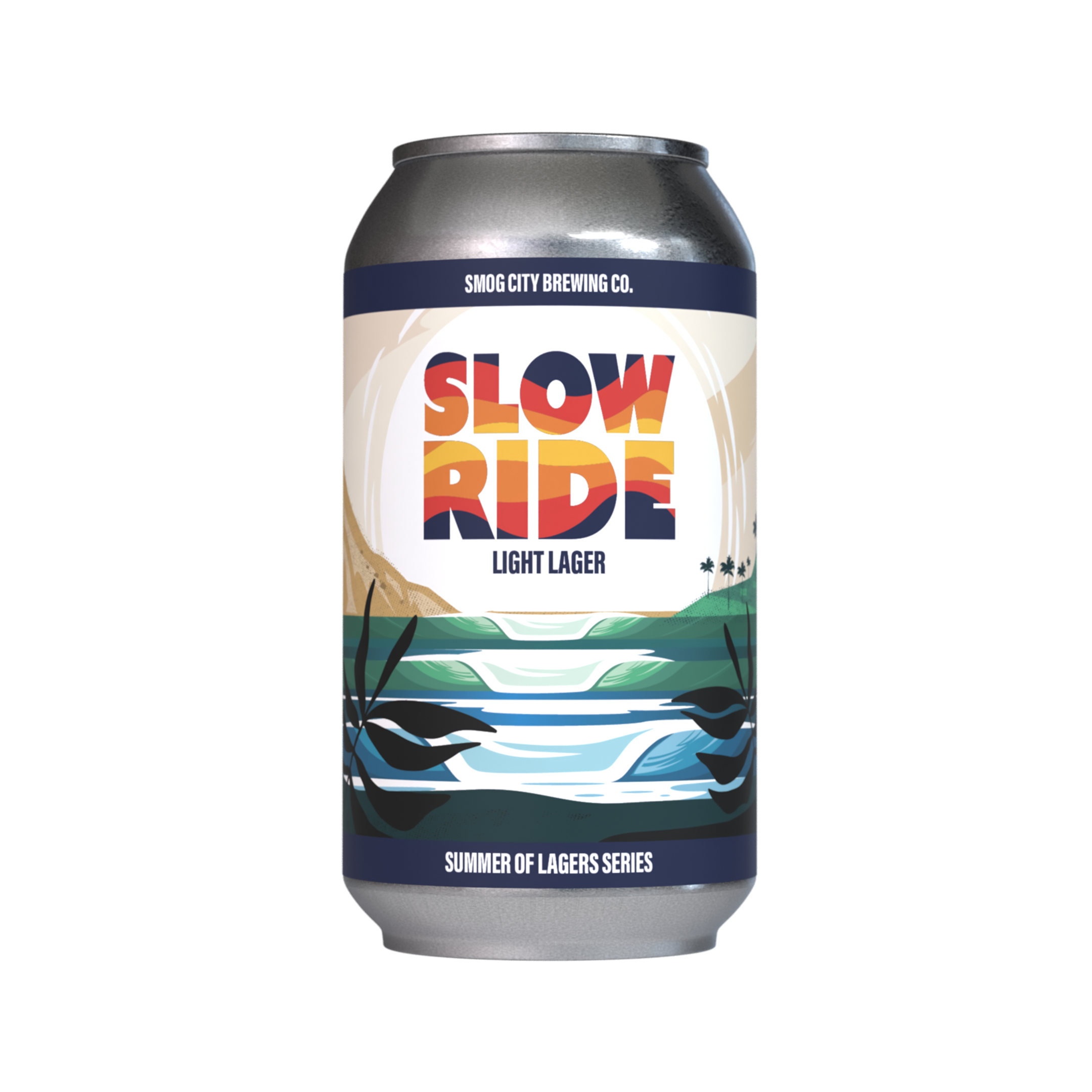 Slow Ride Light Lager from Smog City Brewing Co., a limited 3.5% Light Lager with bready malt tones and delicate hop aroma. Available on draft and in 6-pack 12oz cans.