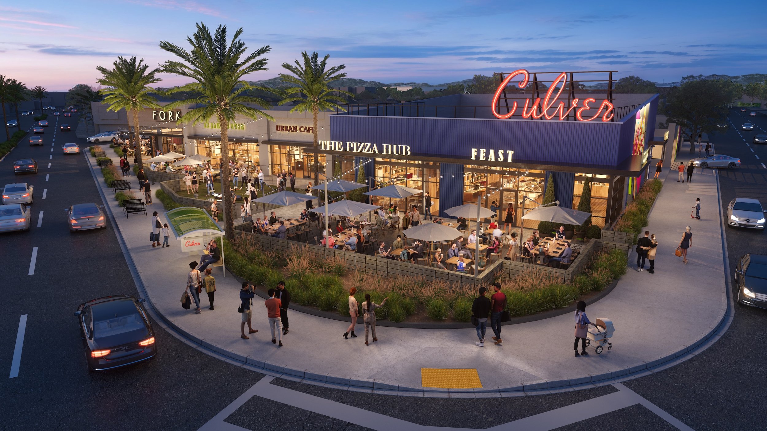 Illustration of a modern shopping center during evening hours with people walking on the sidewalk and inside a patio area. The shopping center has signage for Fork, Urban Café, The Pizza Hub, Feast, and a large neon sign that reads "Culver". The patio is filled with people dining under umbrellas. Surrounding the center are parking lots with cars and trees, including tall palm trees.