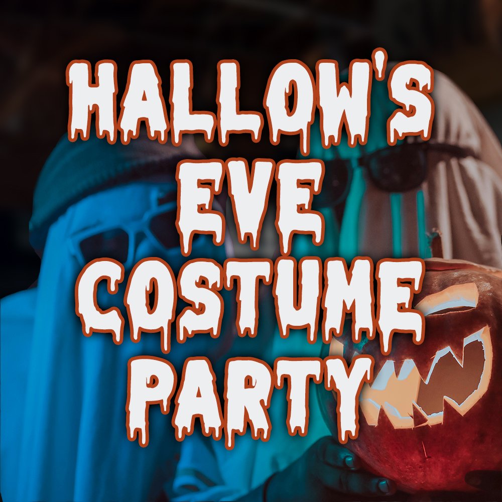 "Hallow's Eve Costume Party" over a background of two people in costume holding a pumpkin.