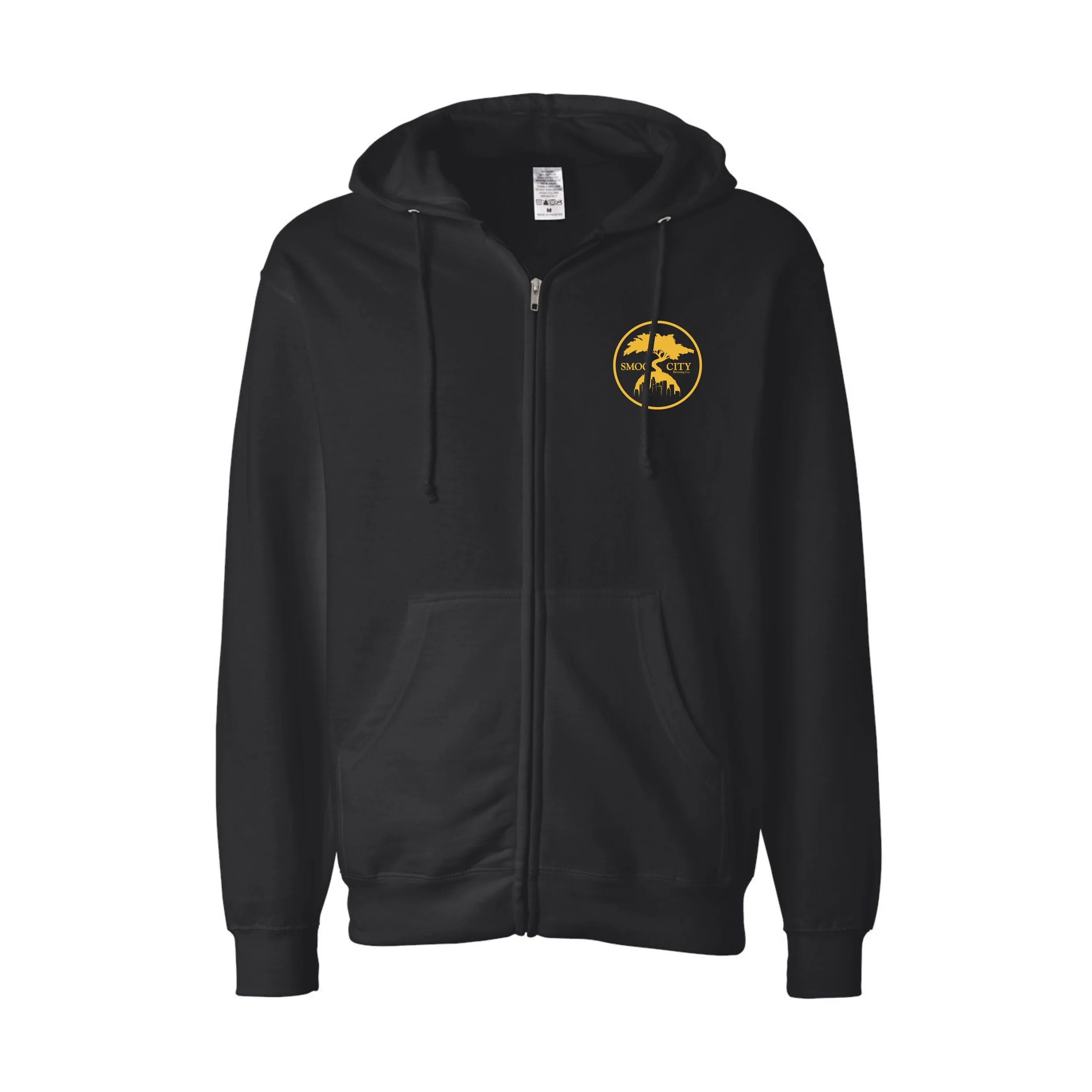 Black zip hoodie with yellow Smog City logo on chest, full front zipper, drawstring hood, and split front pouch pockets.