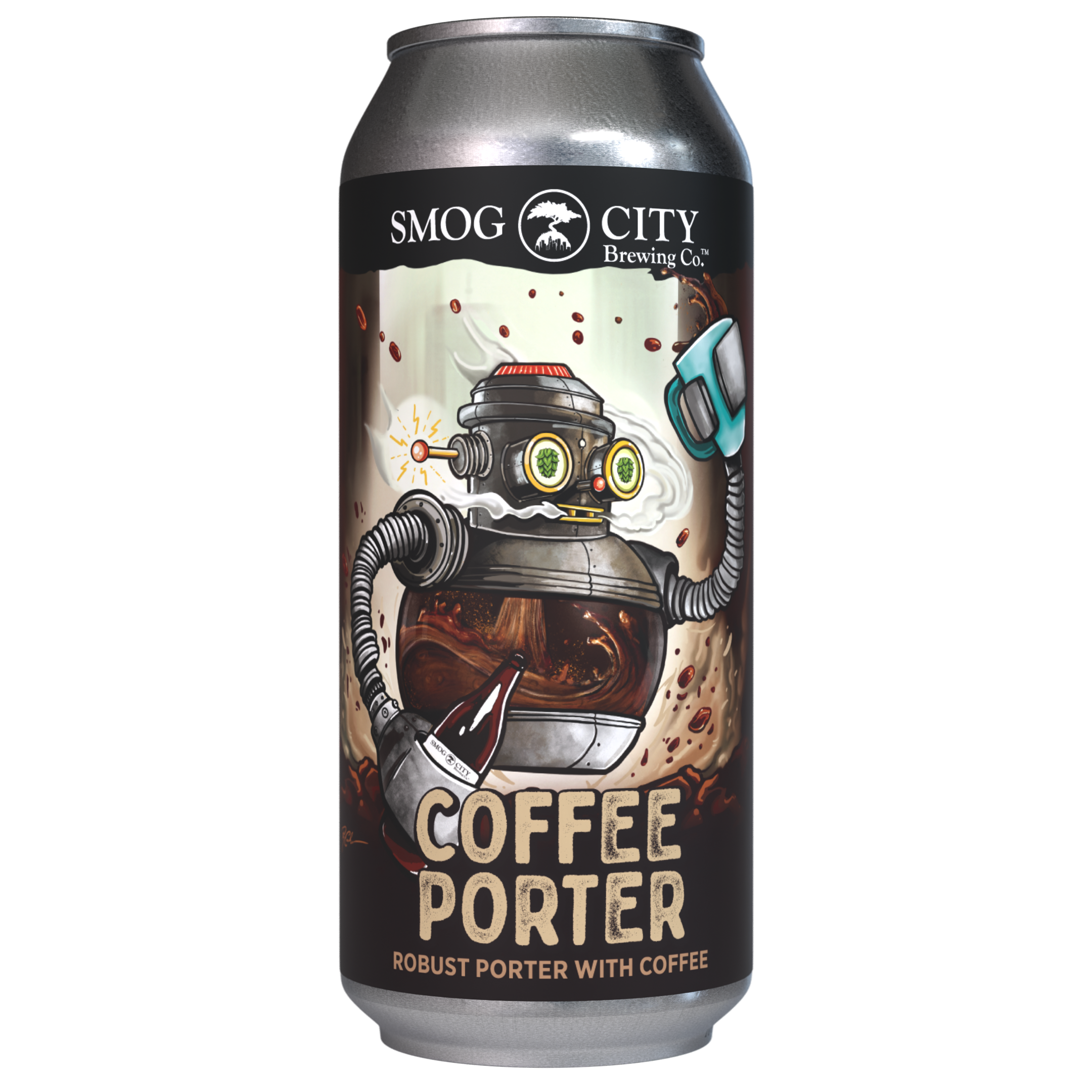 Coffee Porter is a 6.0% ABV robust porter from Smog City Brewing Co., with locally roasted, fair-trade coffee and a blend of malts, available year-round in 4pk 16oz cans and on draft.