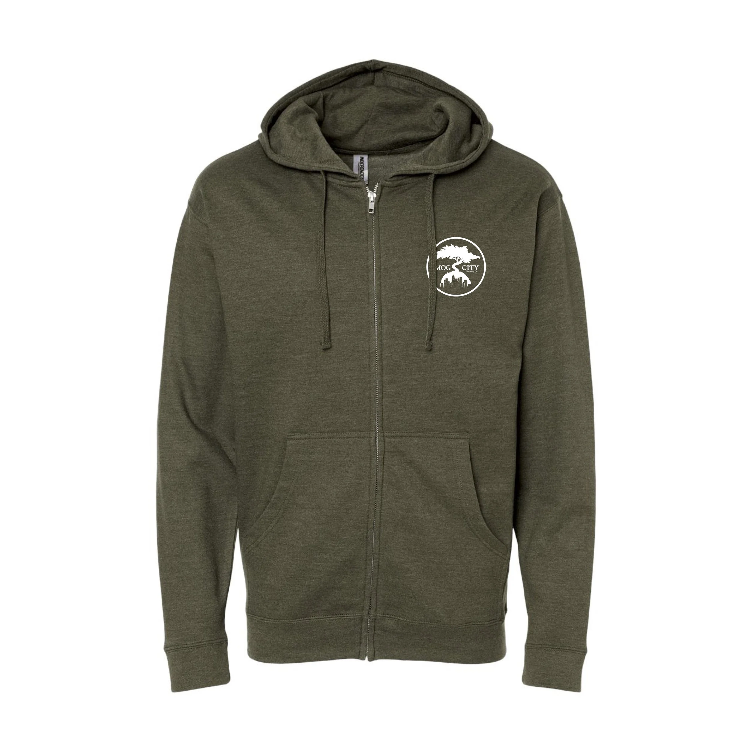 Front (flat): Army Heather zip hoodie with white Smog City logo on left chest, metal zipper, and front pockets.